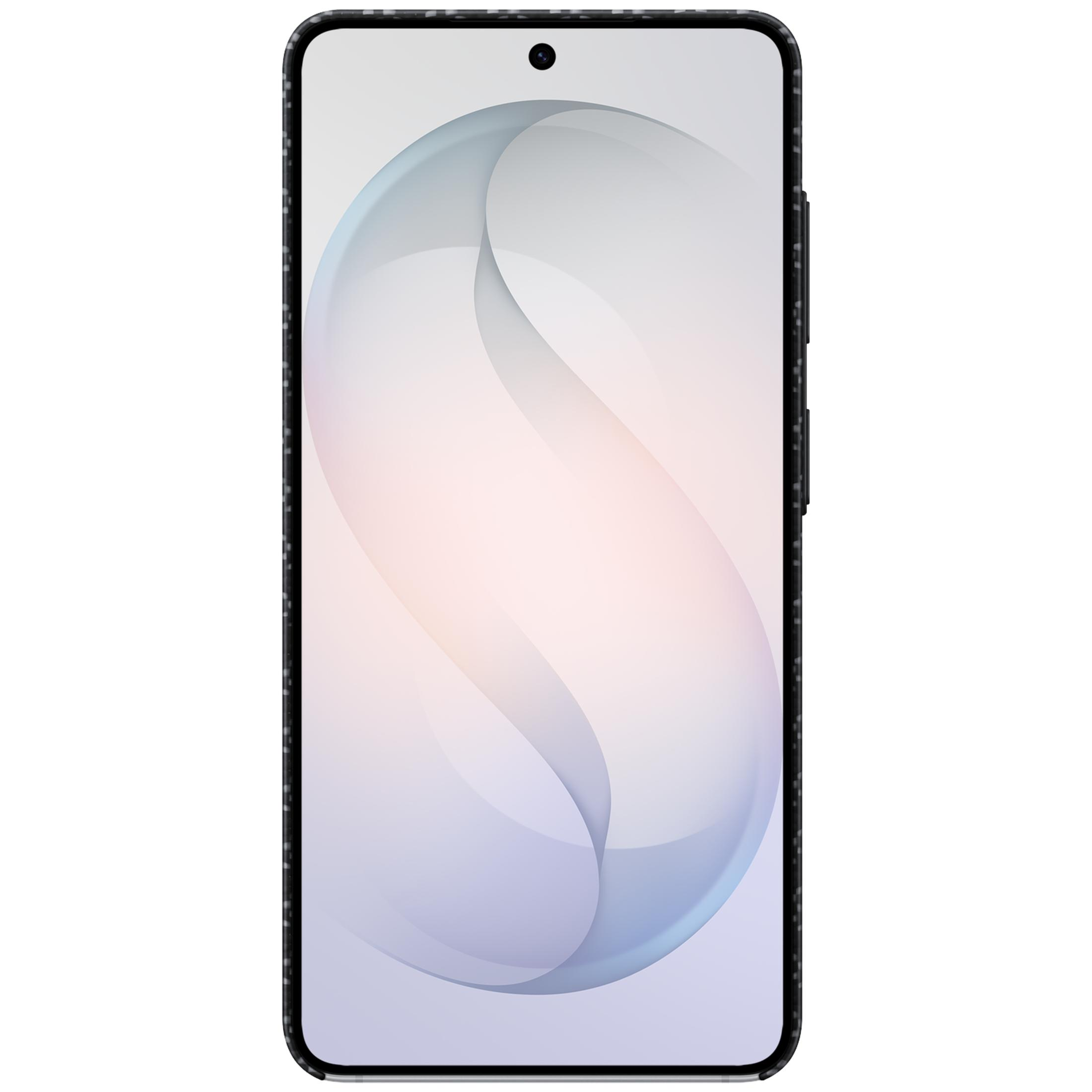Een zwarte smartphone met een abstracte, lichte achtergrond met zachte verlopen.