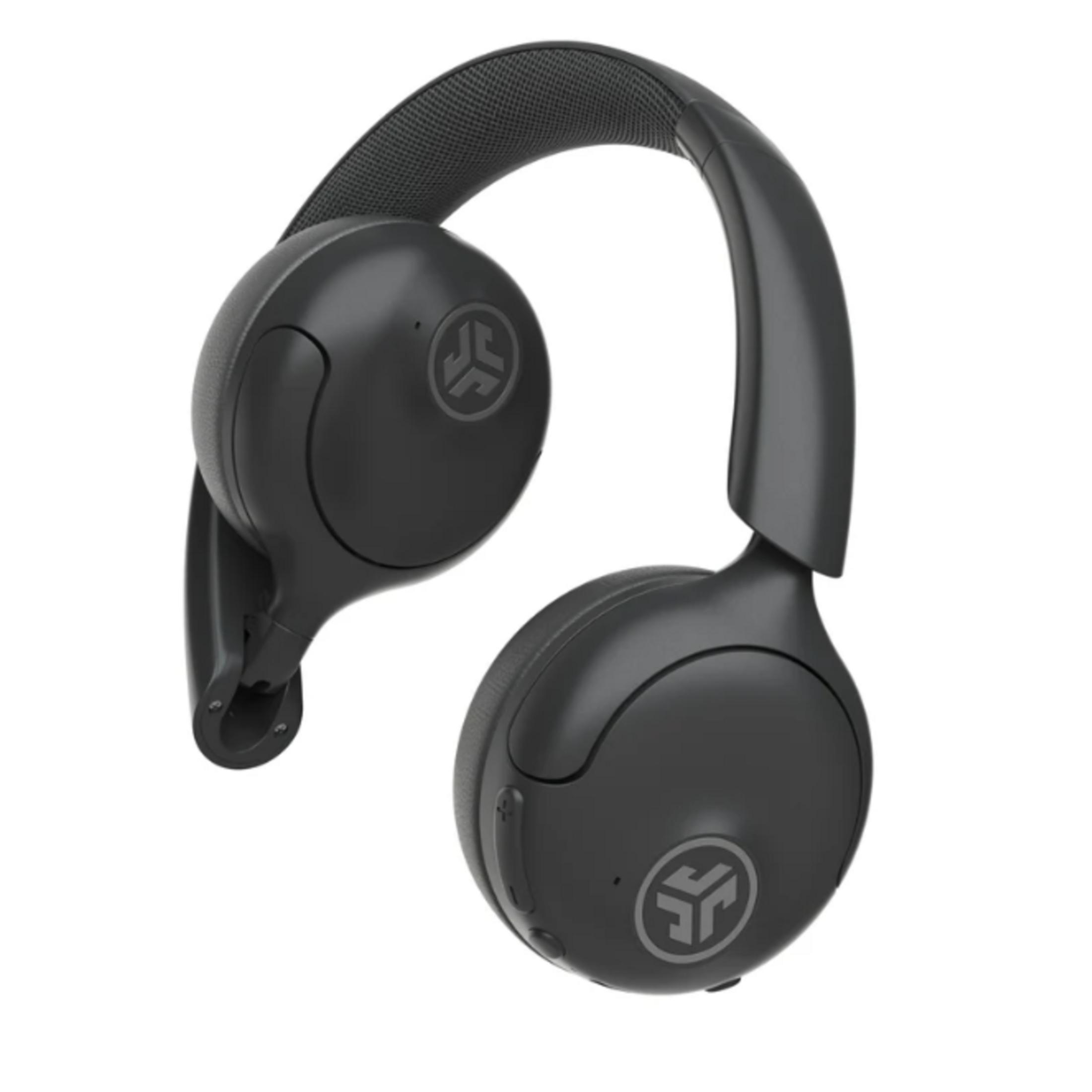 Casque sans fil noir avec serre-tête rembourré et détails logo.
