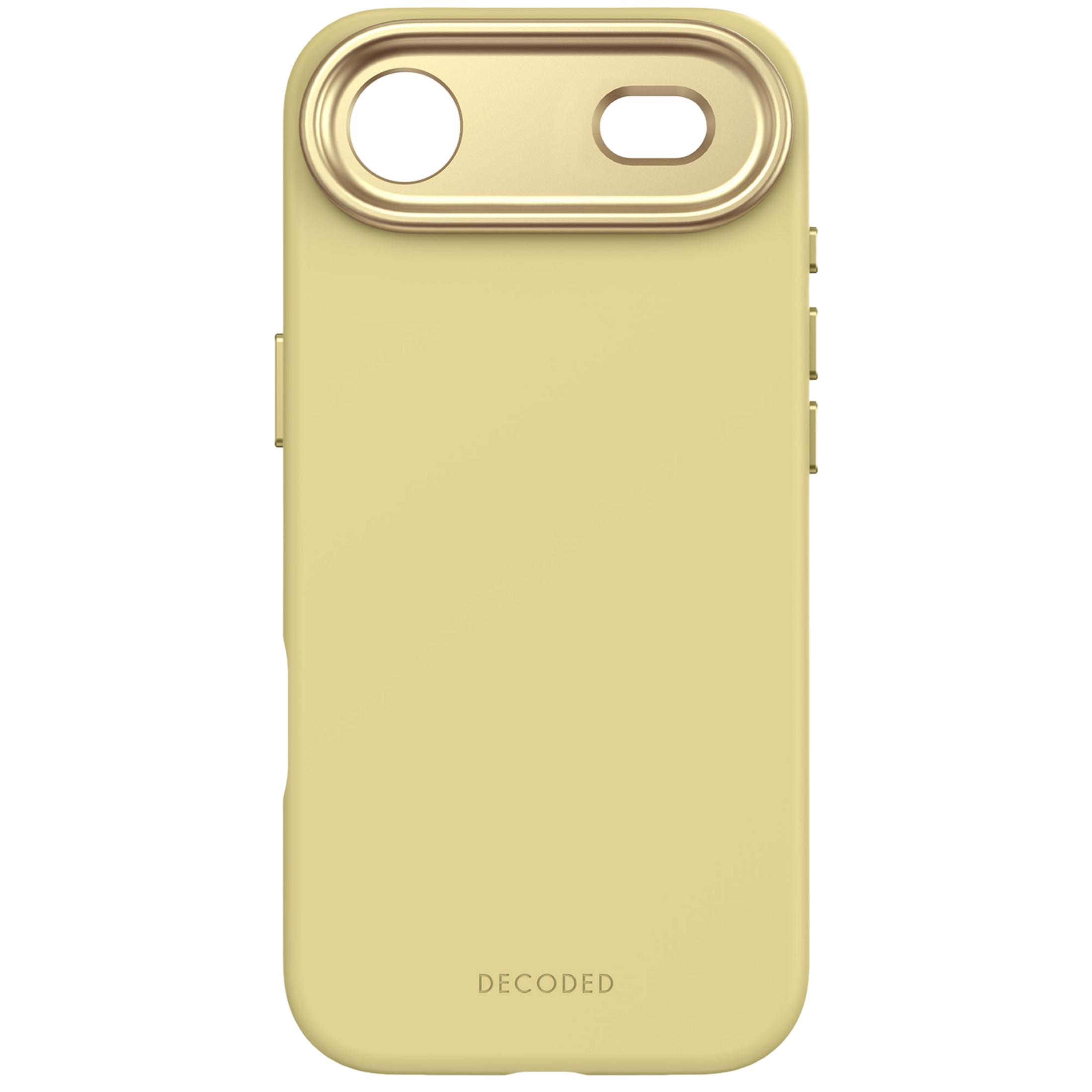 Een gele telefoonhoes met gouden camera-uitsparing en DECODED-logo.