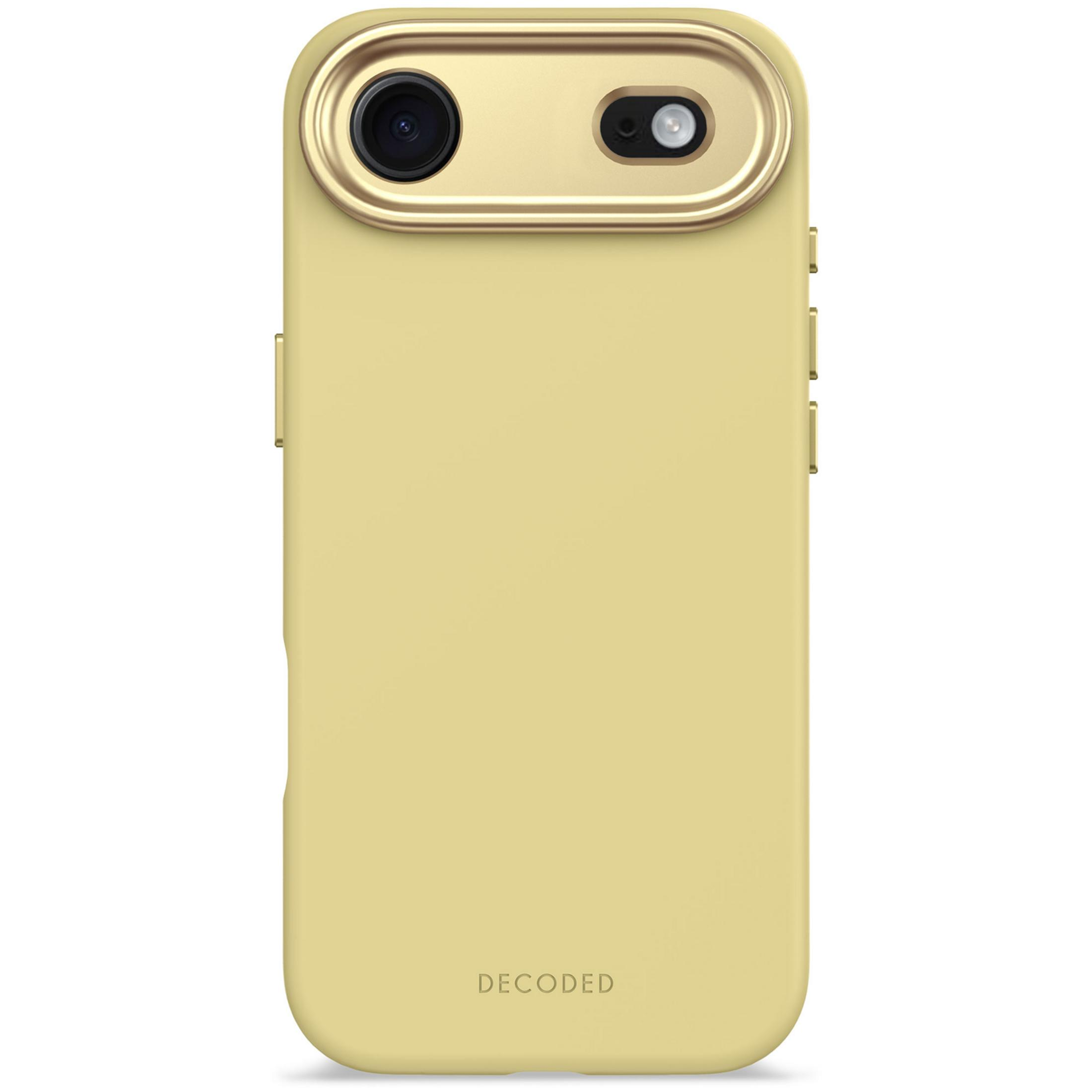 Achterkant van een gele telefoonhoes met gouden camerabezel en logo.
