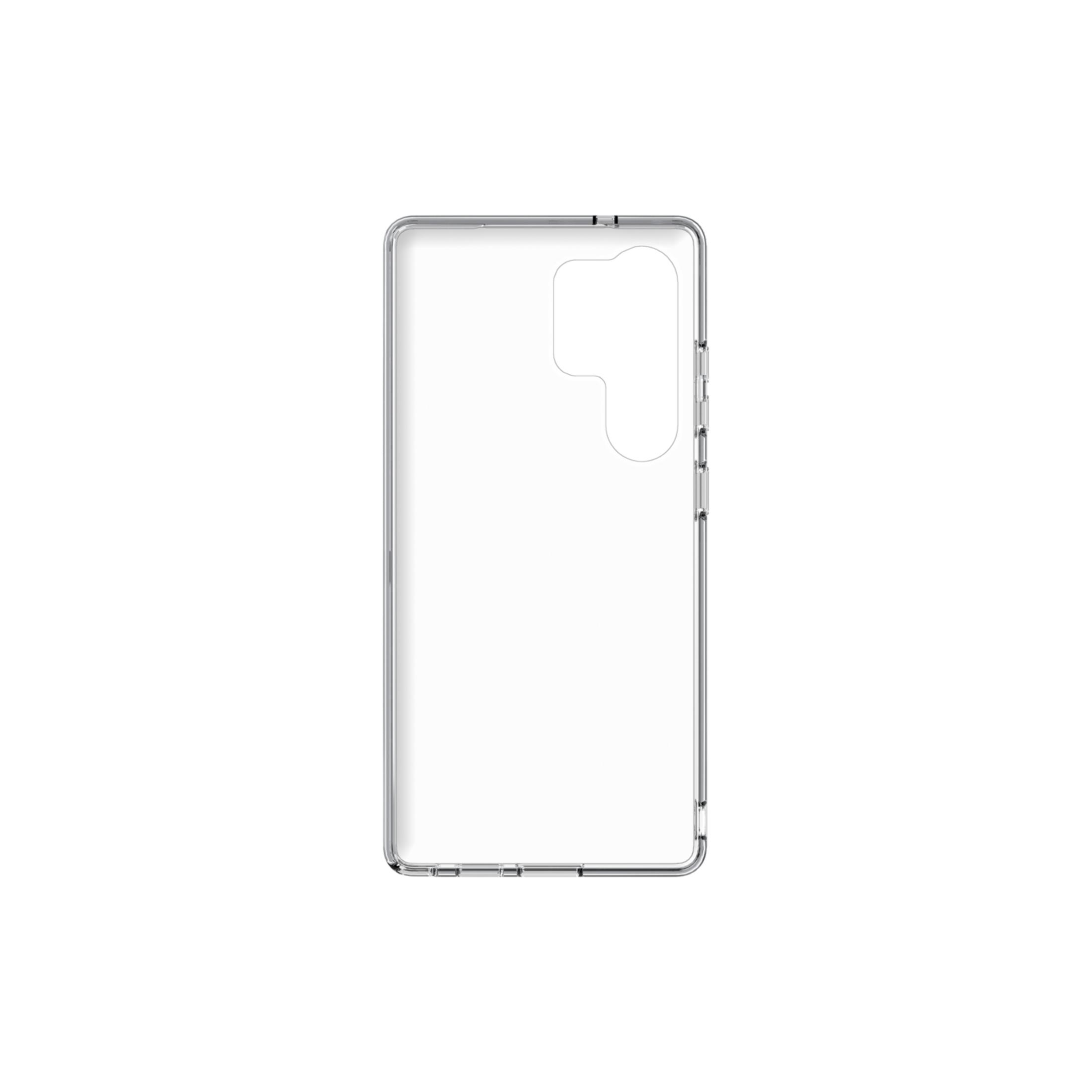 Custodia trasparente per telefono con ritagli per modulo fotocamera e pulsanti.
