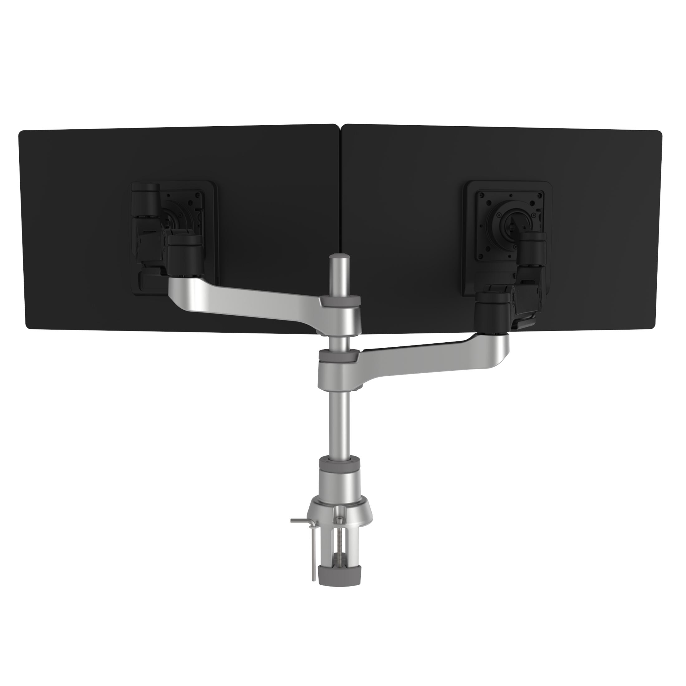 Two black monitors on a silver dual arm monitor stand, white background.