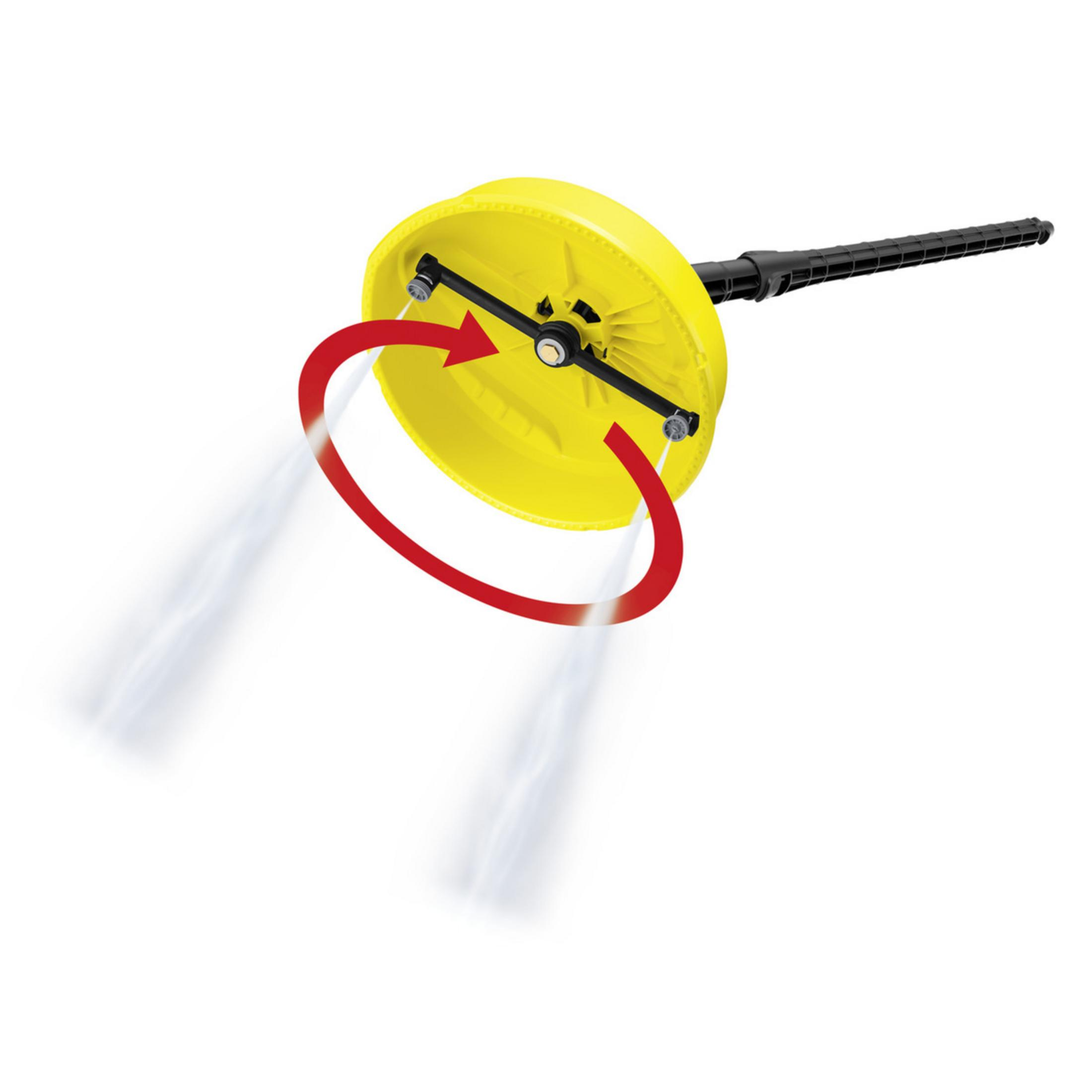 Accessorio giallo per idropulitrice con freccia rossa che indica la rotazione.