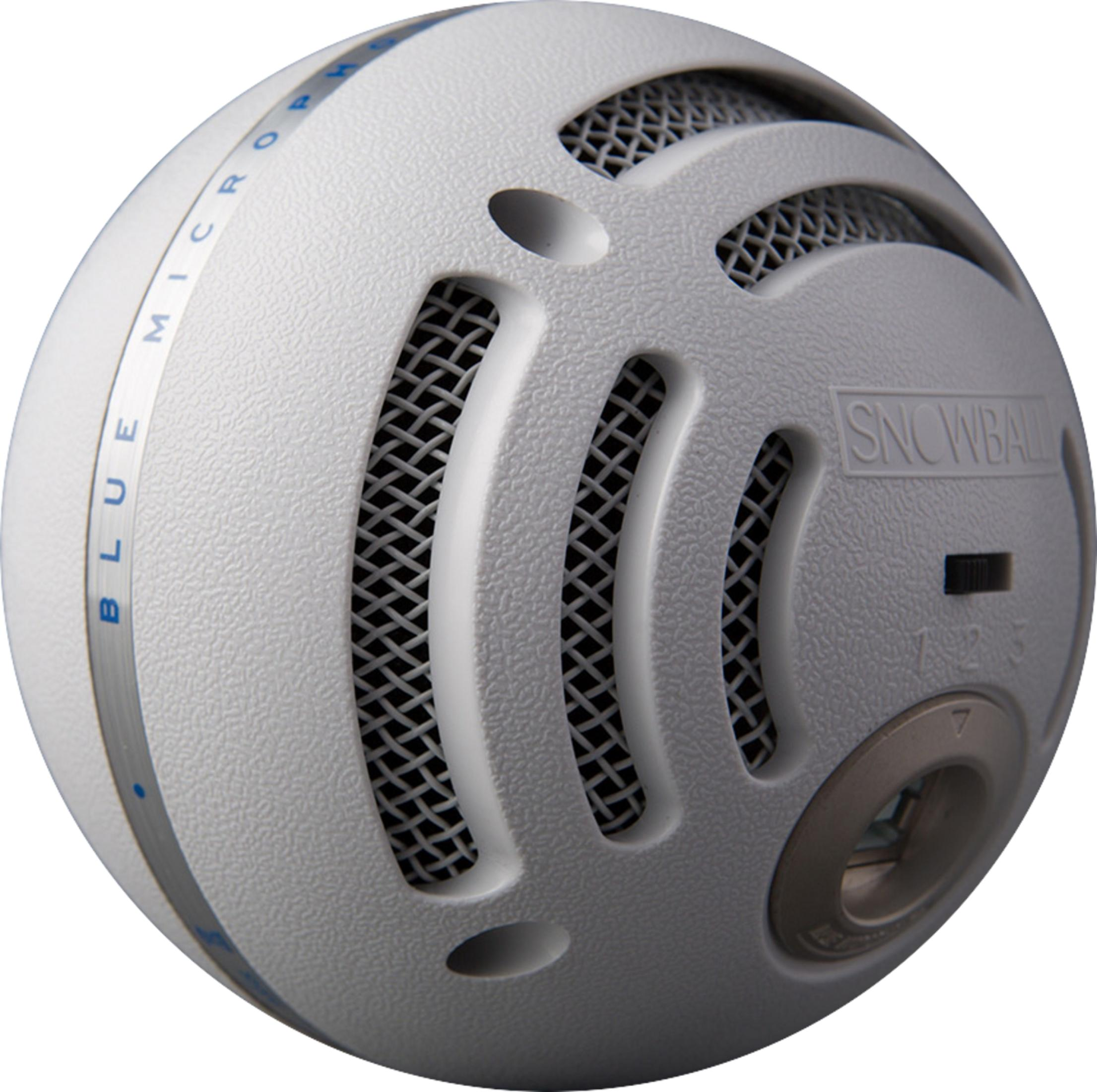 Biały mikrofon Blue Snowball z teksturowanym wykończeniem i srebrną ramką.