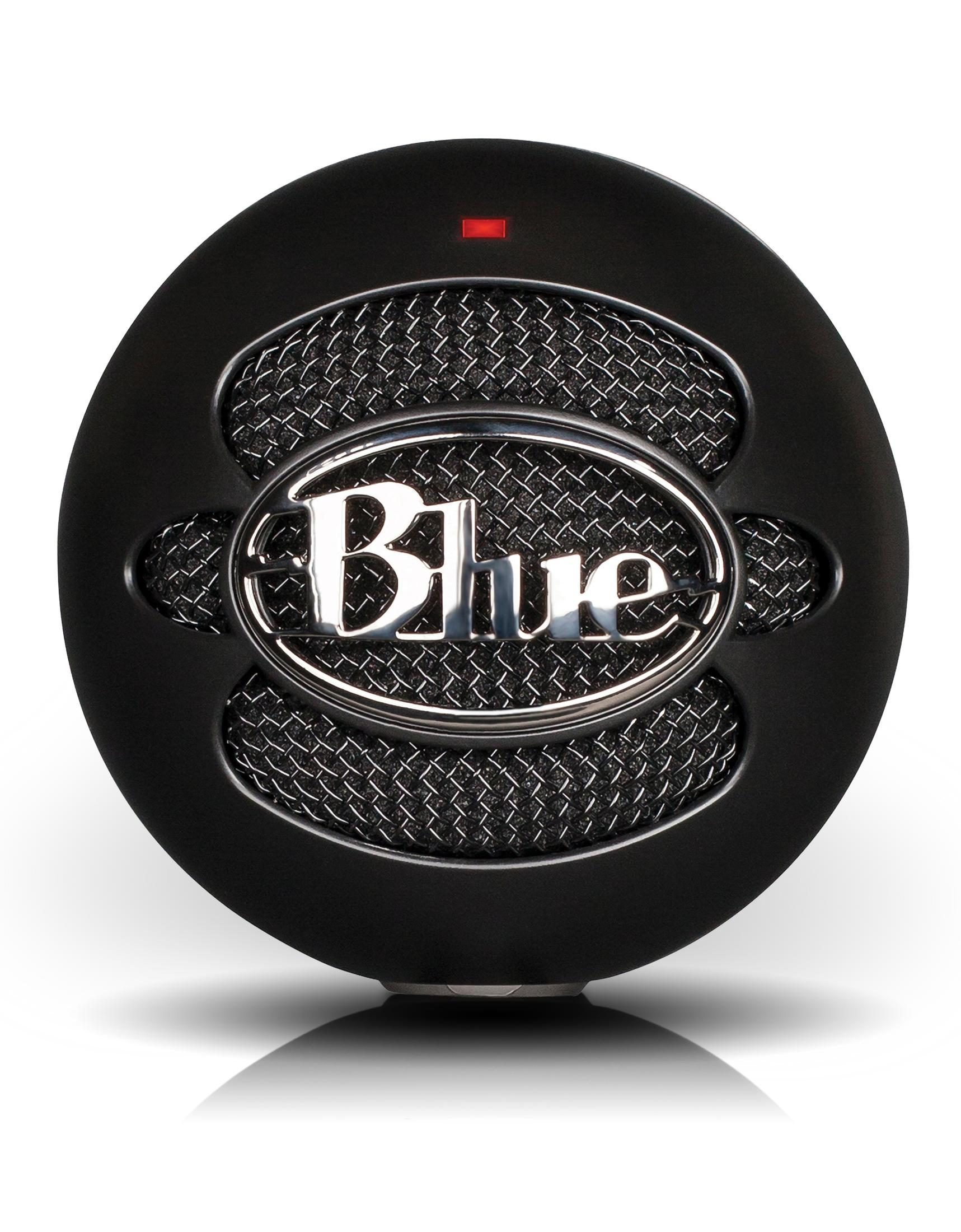 Schwarzes Mikrofon mit silbernem Blue-Logo und roter LED.