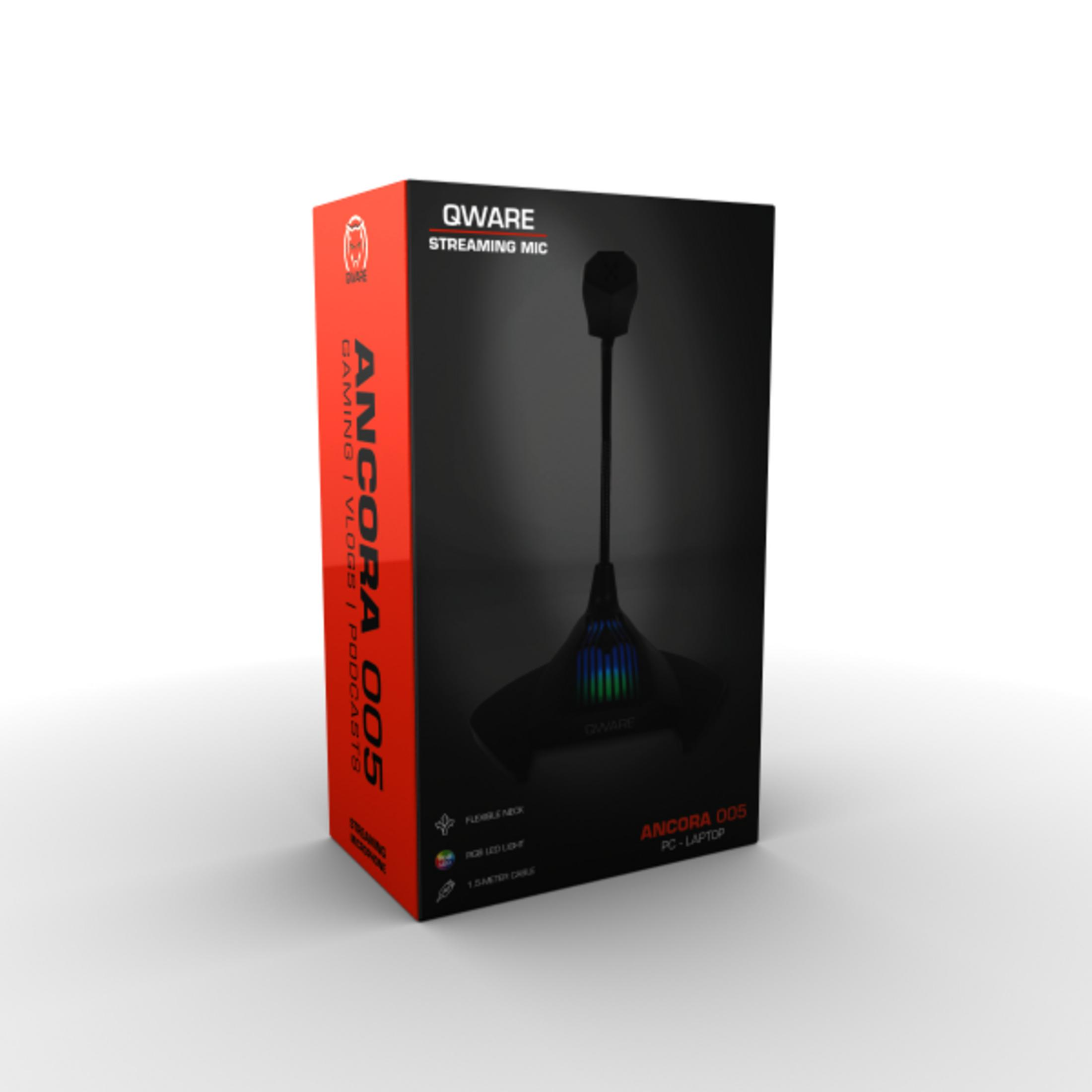 Verpackung eines QWARE Streaming-Mikrofons mit RGB-Beleuchtung und flexiblem Hals.