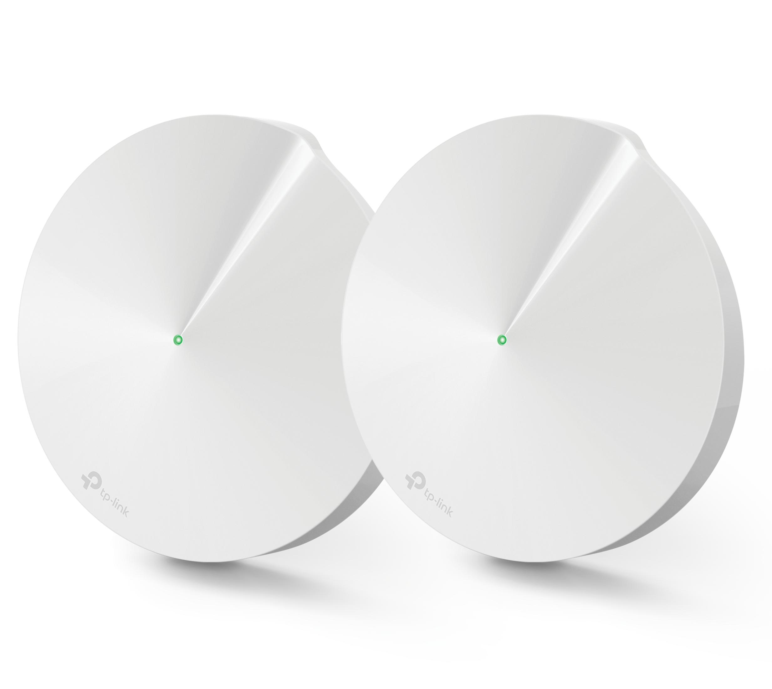 Dos dispositivos de malla Wi-Fi TP-Link blancos uno al lado del otro.