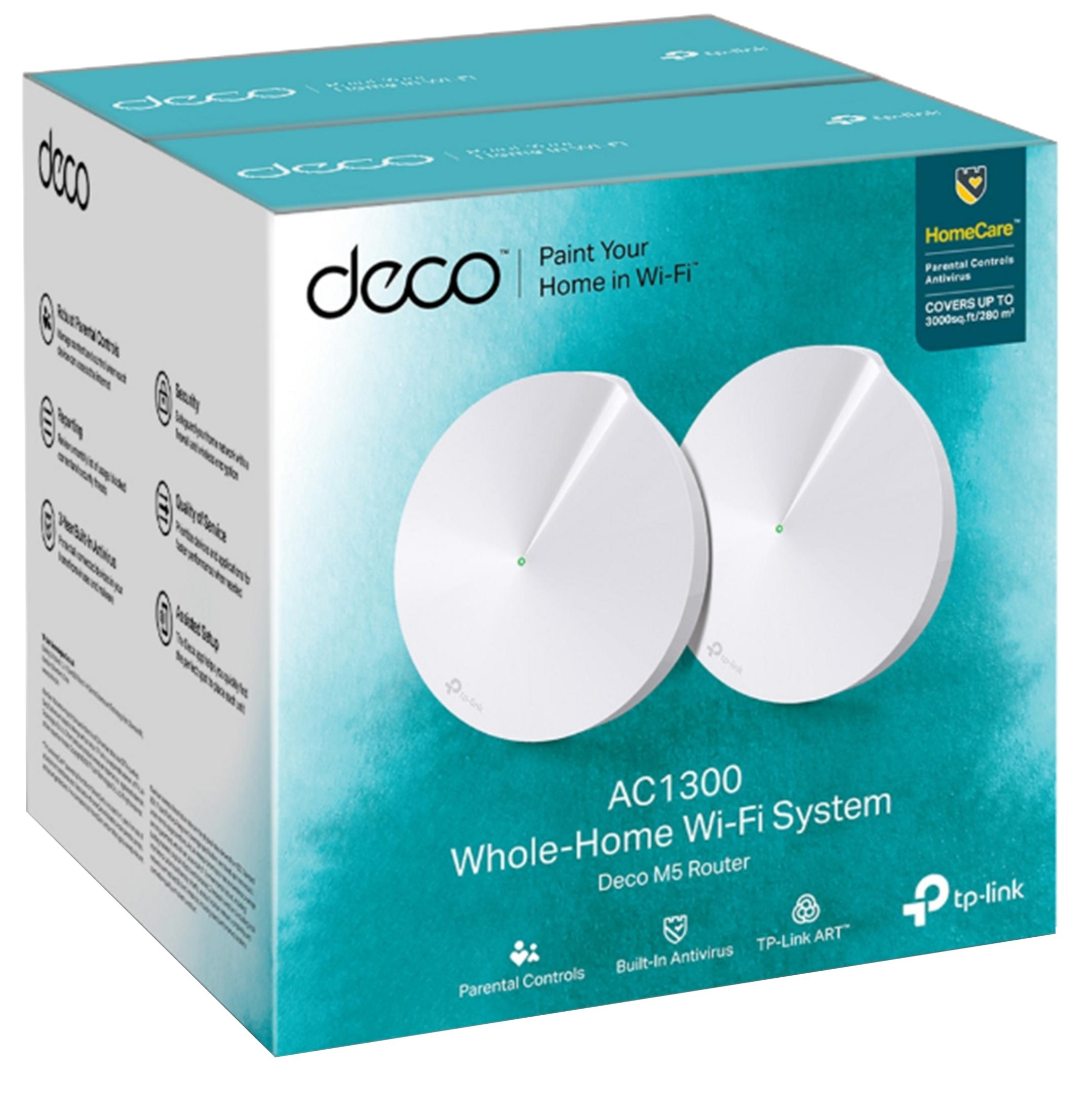 Caja del sistema Wi-Fi para todo el hogar TP-Link Deco M5 AC1300 con dos unidades blancas.