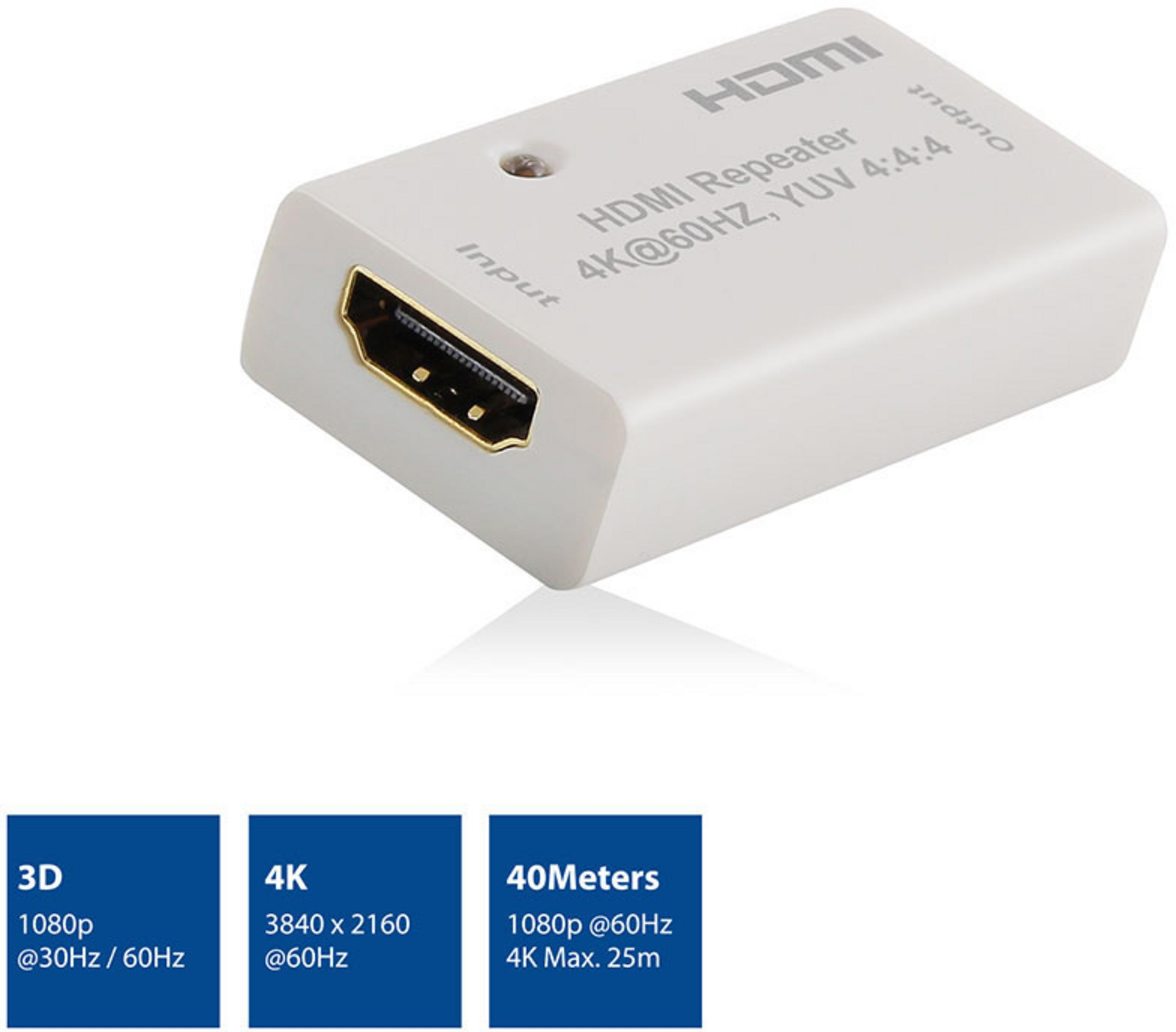 Weißer HDMI-Repeater mit 4K@60Hz, YUV 4:4:4 Unterstützung.