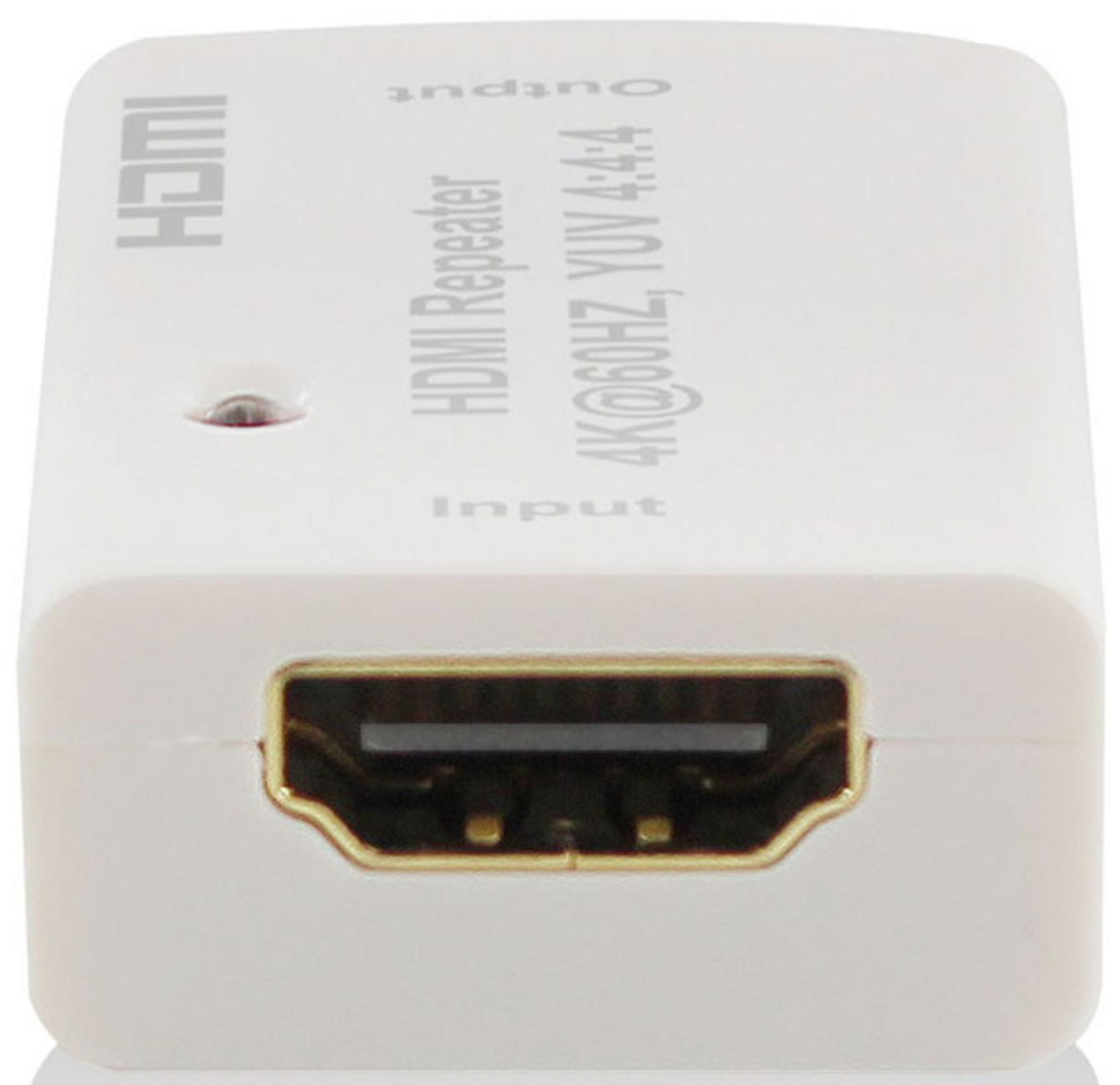 Weißer HDMI-Repeater mit 4K@60Hz YUV 4:4:4 Spezifikation und HDMI-Ein- und -Ausgang.
