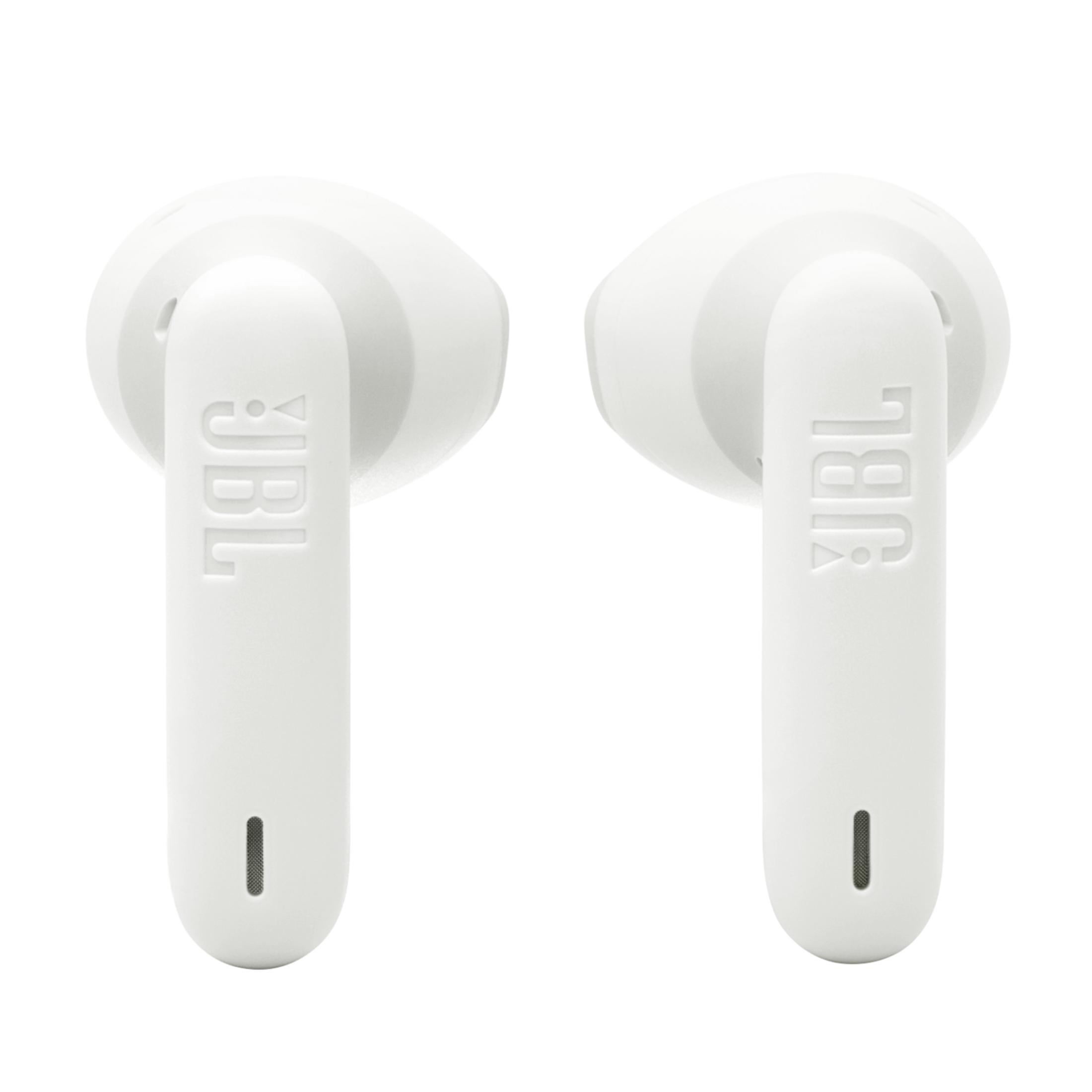 Zwei weiße JBL-Kopfhörer mit Logos, nebeneinander auf weißem Hintergrund.