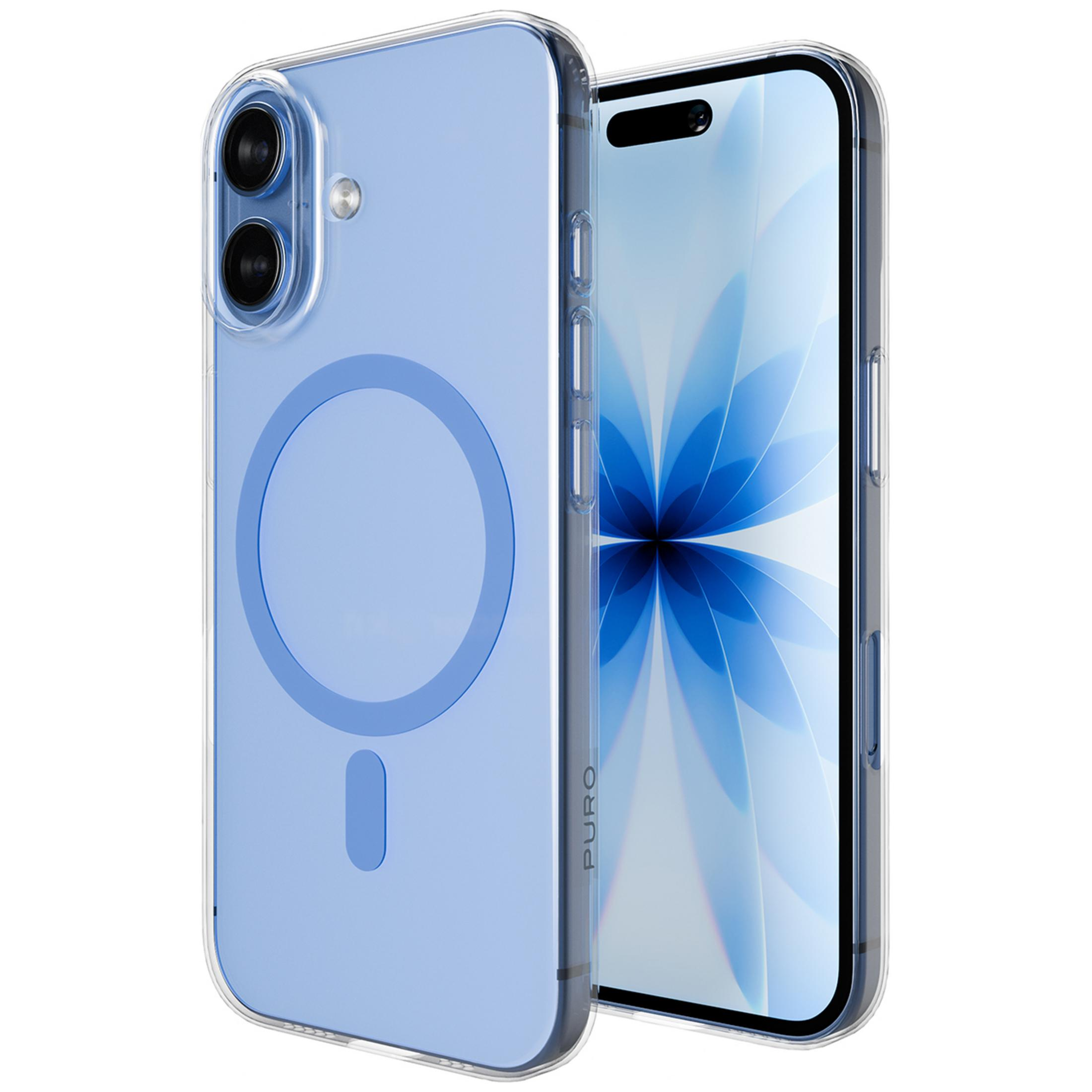 Custodia blu trasparente per telefono con anello MagSafe su un telefono con motivo blu.