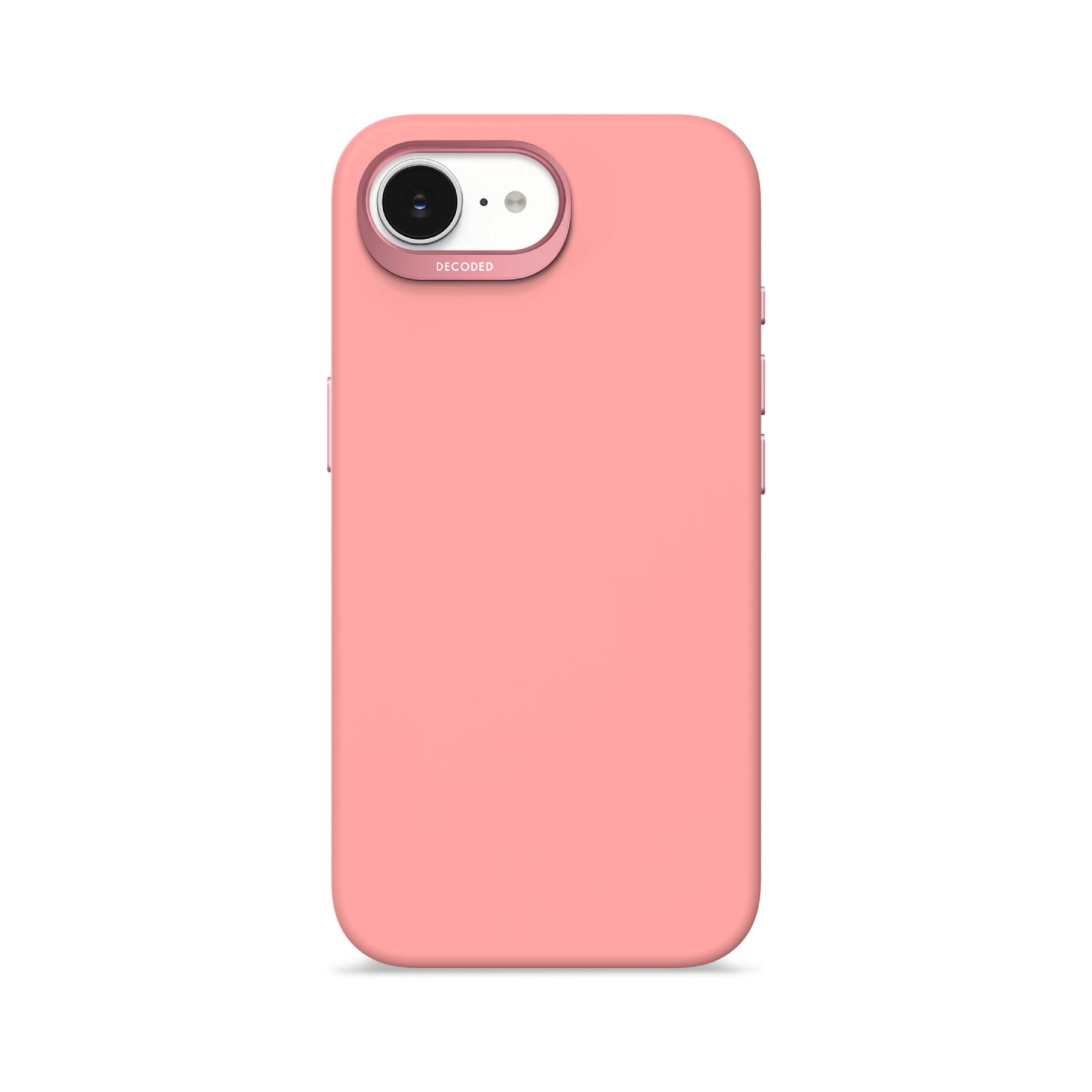 Achterkant van een roze telefoonhoesje met camera-uitsparing en het woord DECODED.