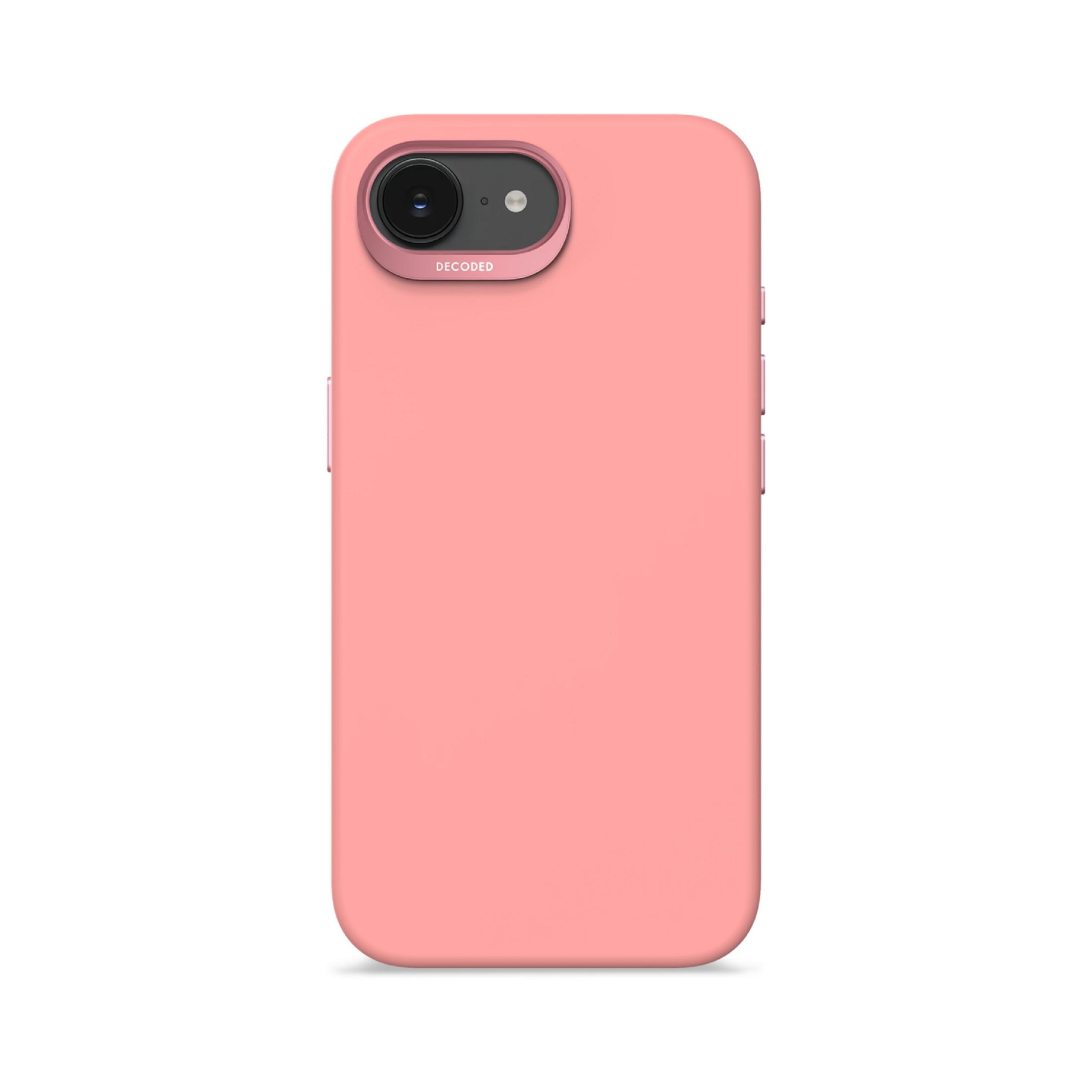 Een koraalkleurige telefoonhoes met een camera-uitsparing aan de achterkant.
