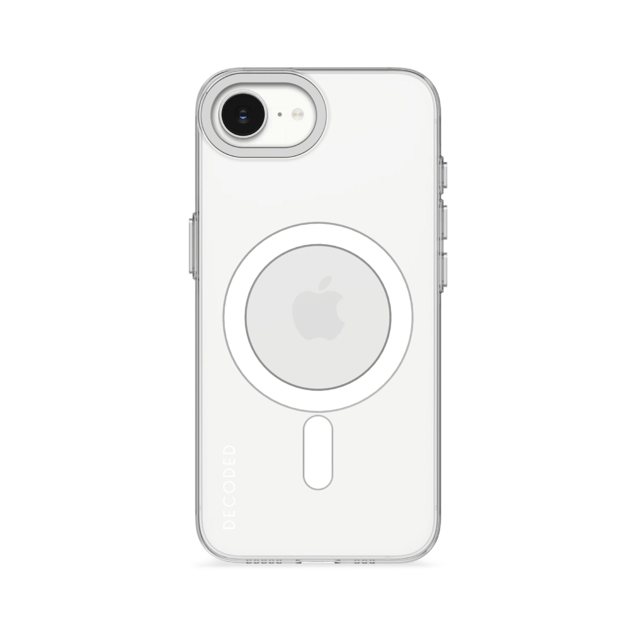 Custodia trasparente per telefono con anello argento e logo Apple.