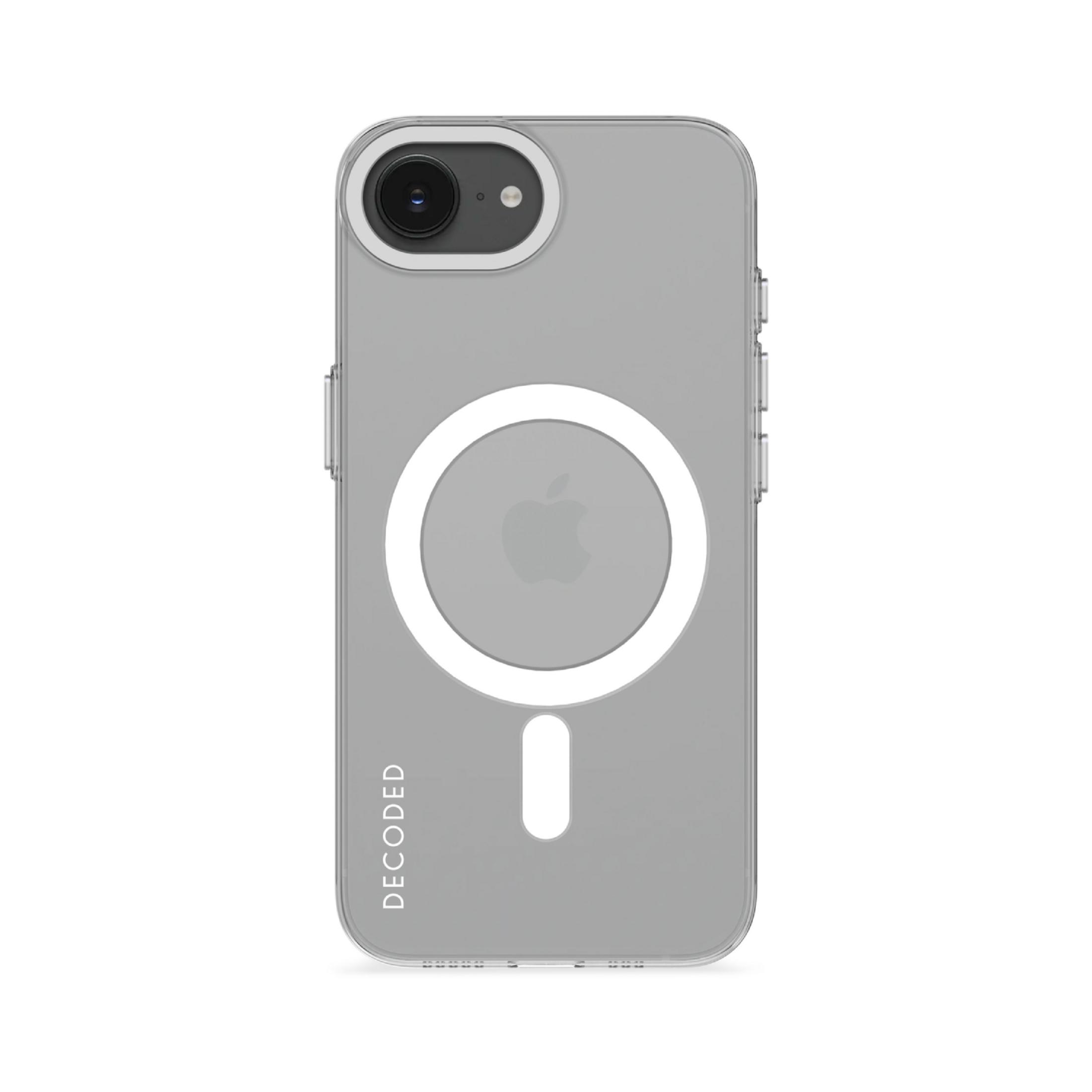 Custodia grigia per iPhone con logo Apple e anello MagSafe.