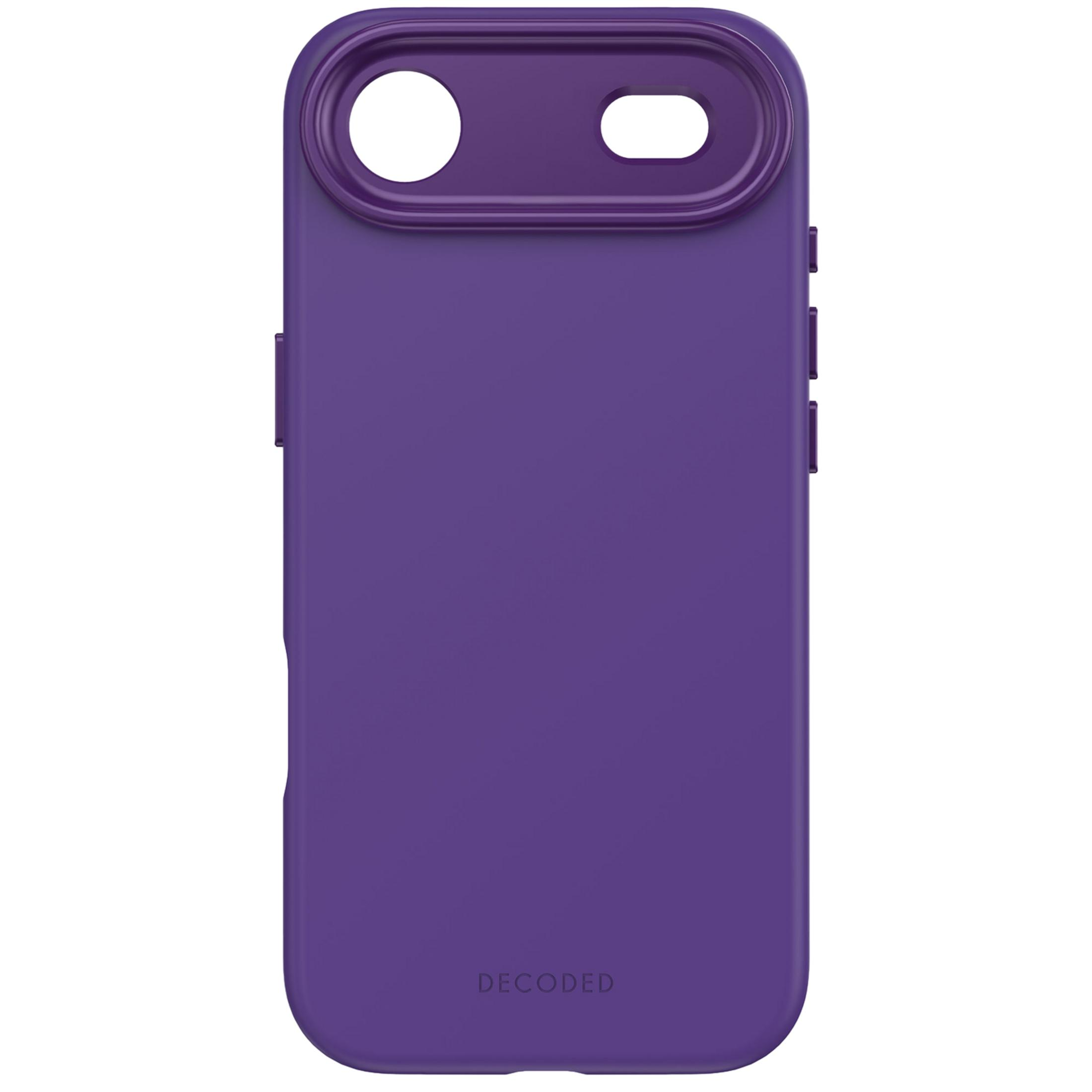 Coque de téléphone violette avec découpes pour appareil photo et flash. Logo DECODED en bas.