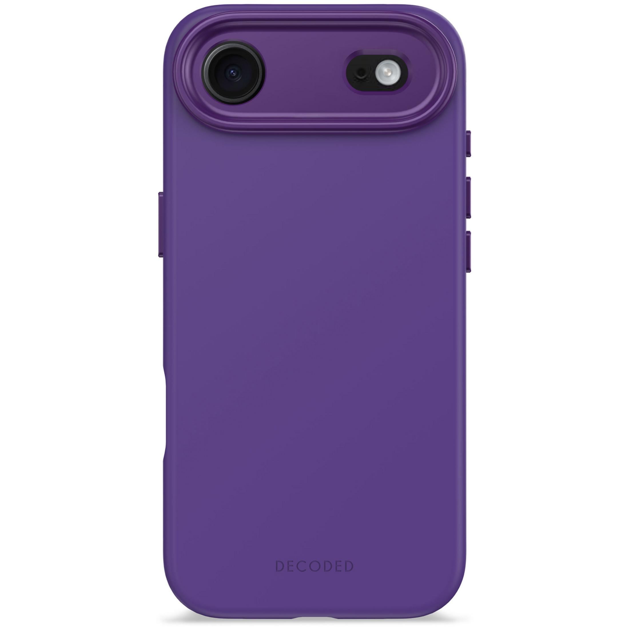 Coque de téléphone violette avec découpe caméra et flash, logo "DECODED".