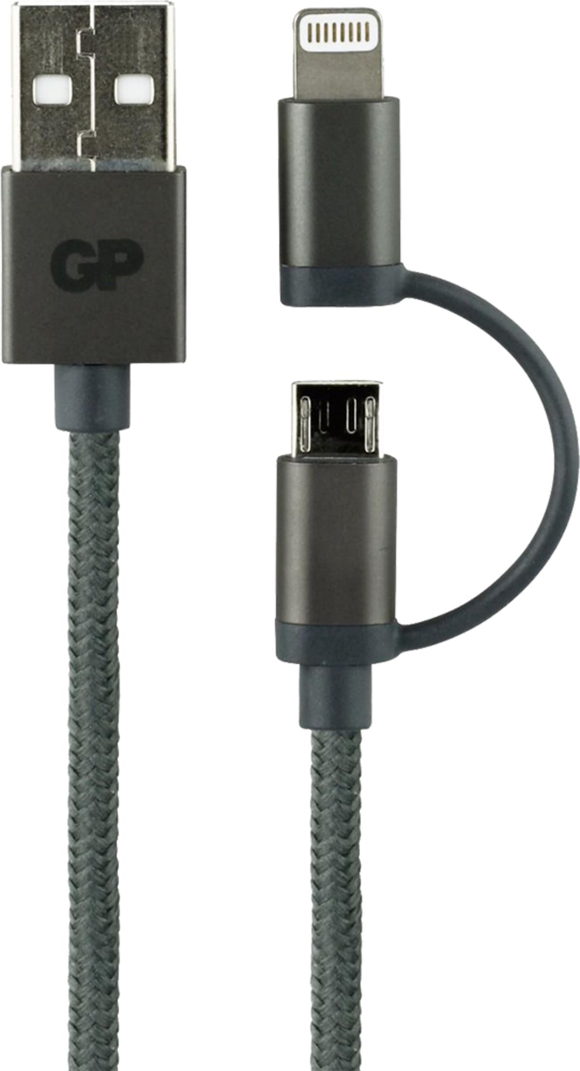 Graues USB-zu-Lightning/Micro-USB-Kabel mit geflochtenem Stoff und GP-Logo.