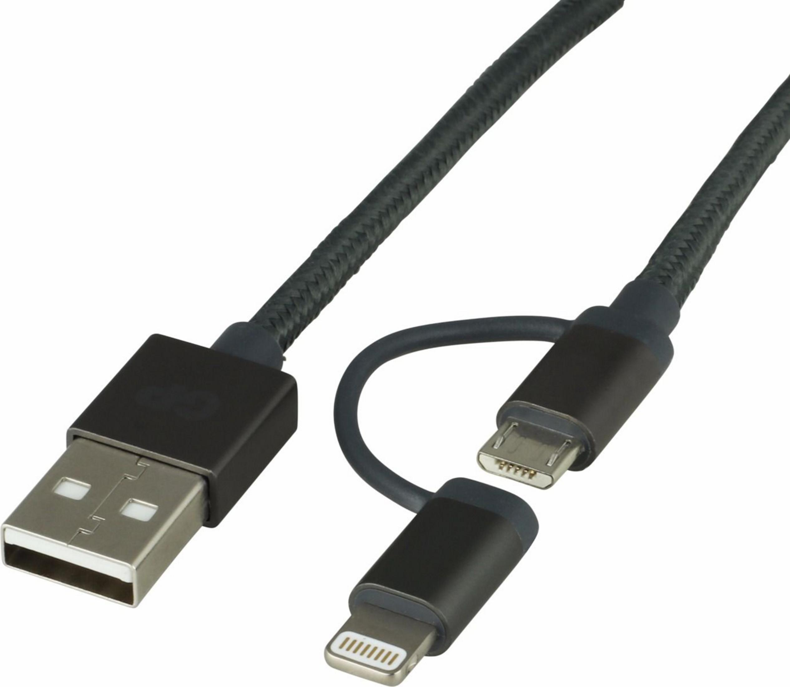 Ein schwarzes USB-Kabel mit drei Anschlüssen: USB-A, Lightning und Micro-USB.