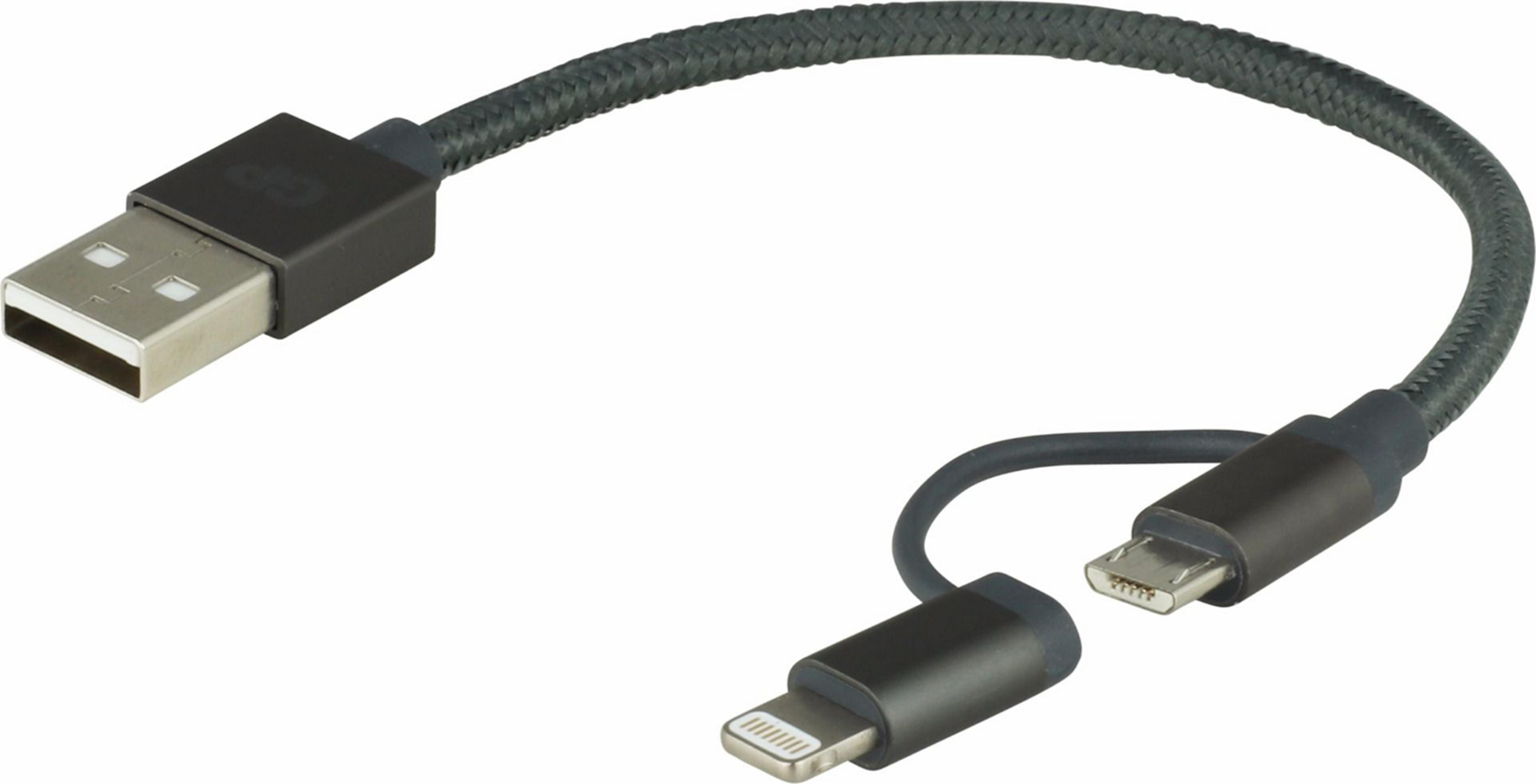 Ein schwarzes USB-Kabel mit einem USB-A-, einem Lightning- und einem Micro-USB-Anschluss.
