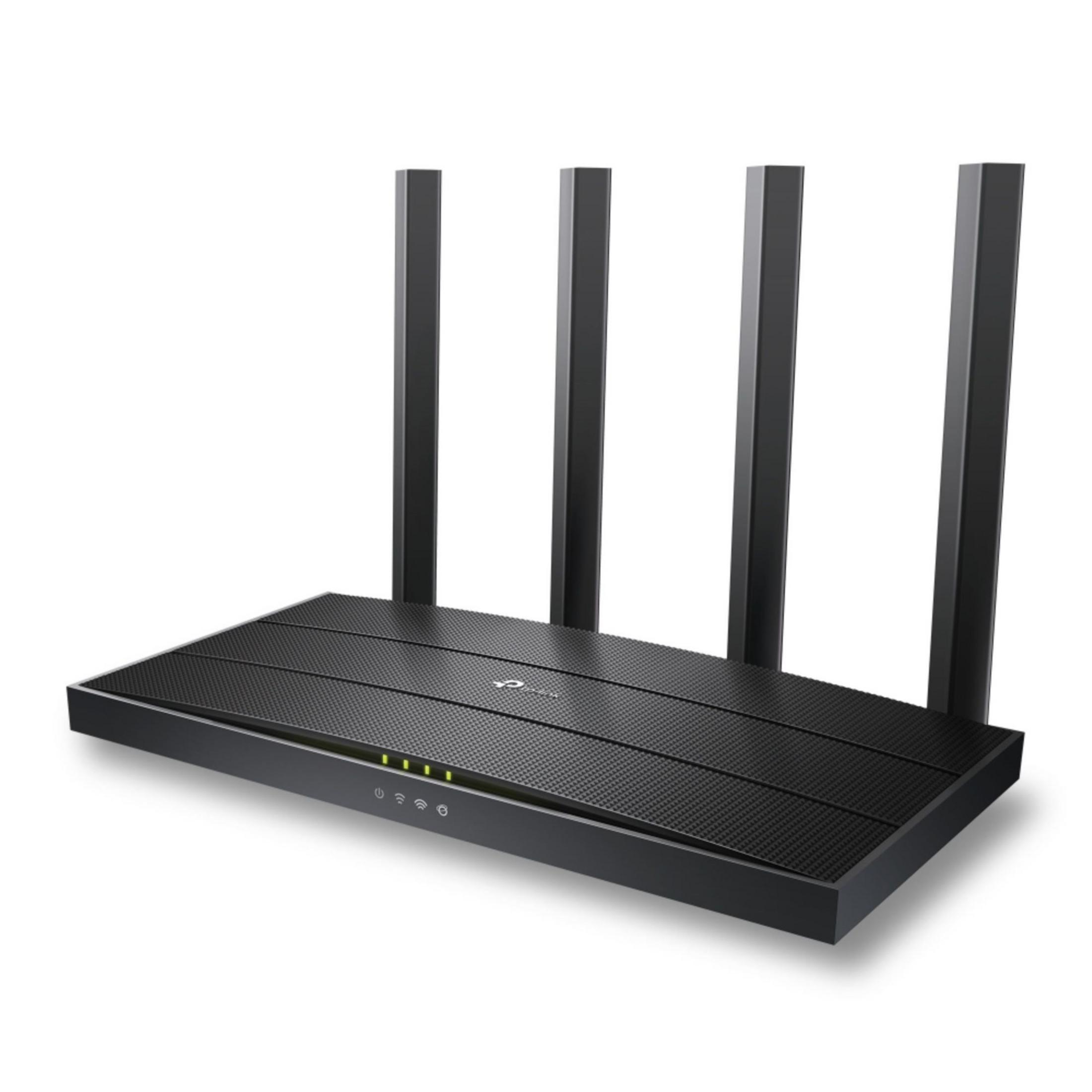 Czarny router Wi-Fi z czterema antenami i zielonymi światłami.