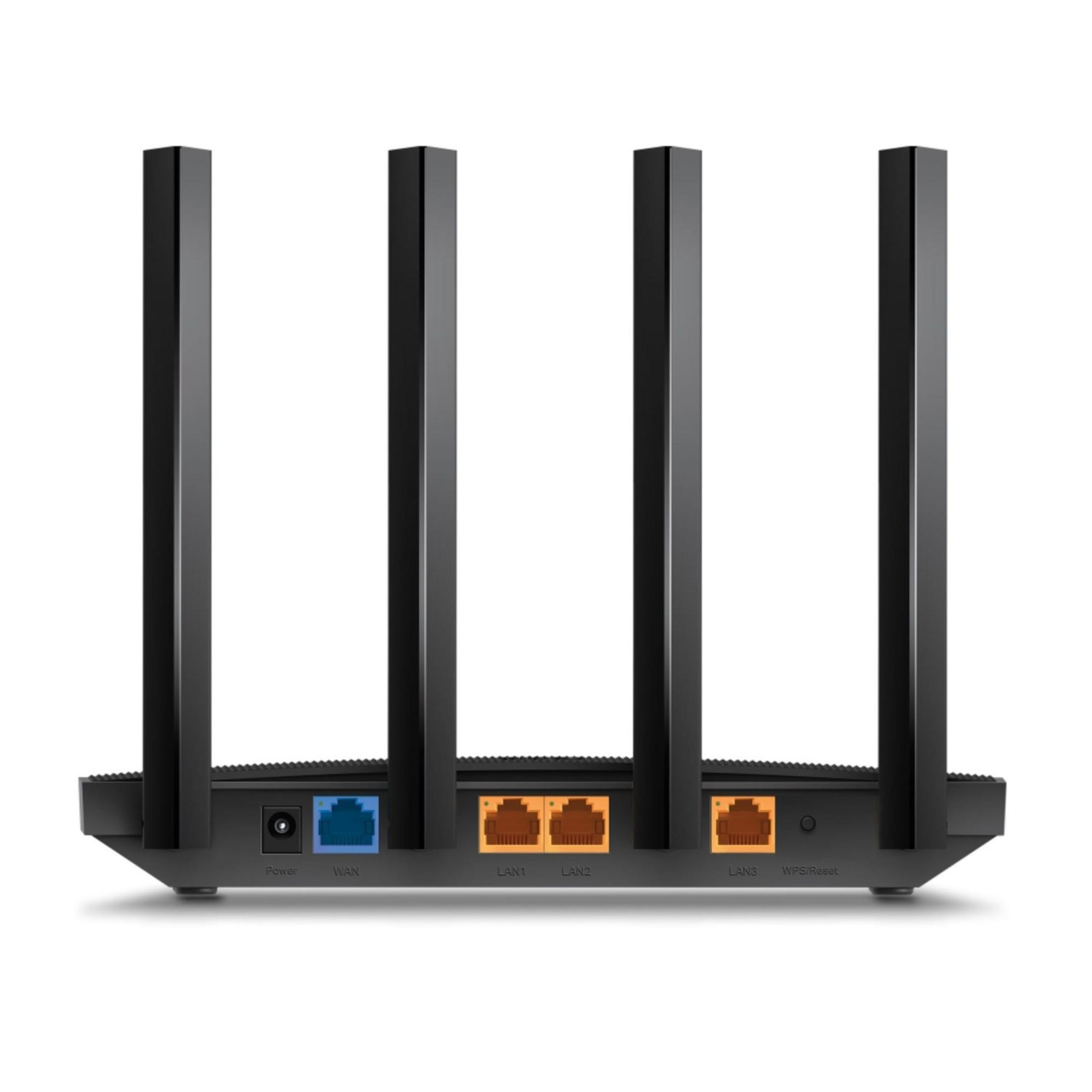 Czarny router z czterema antenami. Porty: Power, WAN (niebieski), LAN1, LAN2, LAN3 (pomarańczowy), WPS/Reset.
