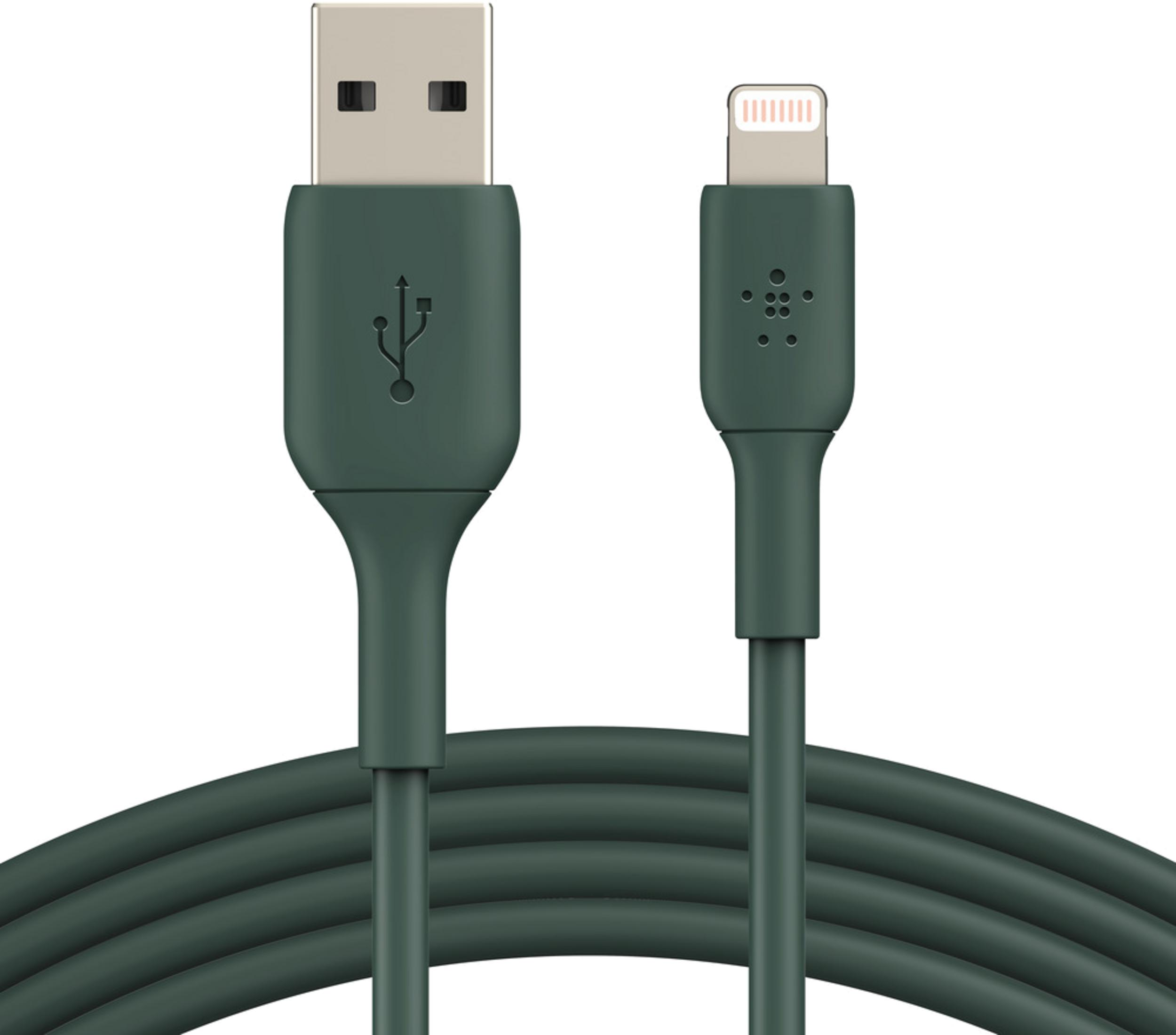 Ciemnozielony kabel USB-A do Lightning z widocznymi oboma złączami.