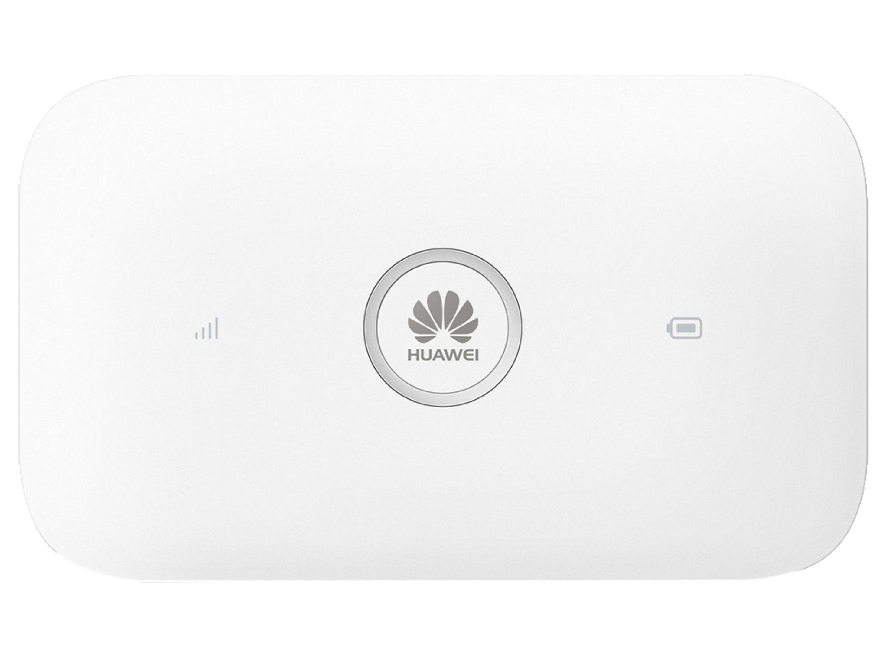 Un hotspot mobile Huawei bianco con logo e indicatore batteria.