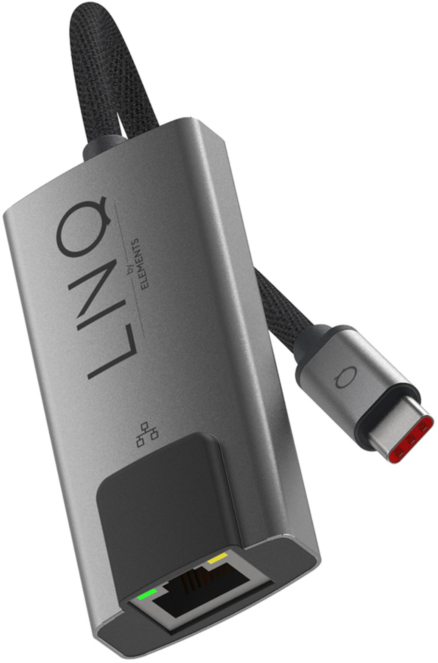 Grauer USB-C-Adapter mit Ethernet-Anschluss und Kabel. Lichter sind grün und gelb.