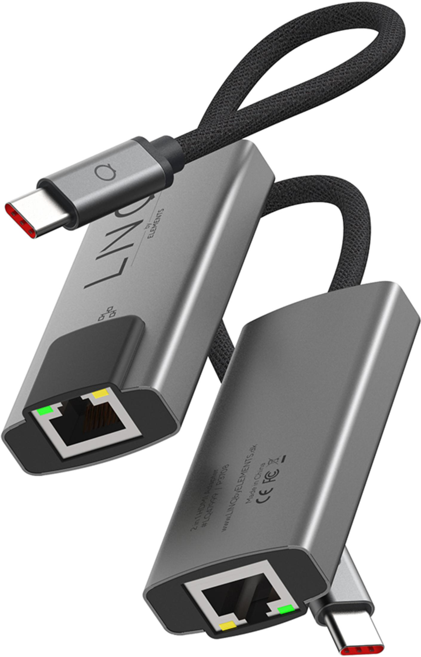 Zwei graue USB-C-Adapter mit Ethernet-Anschlüssen und Kabeln.