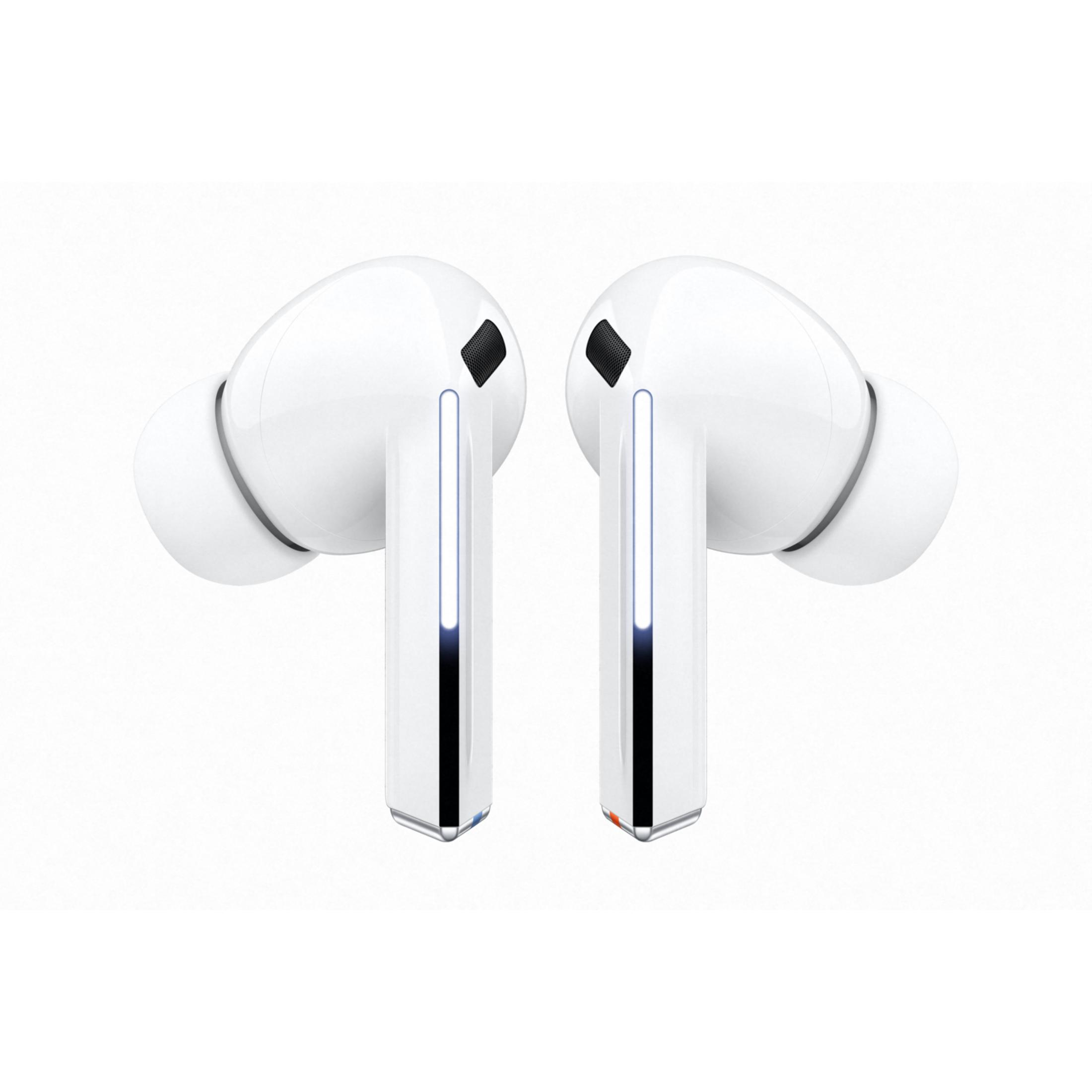 Due auricolari wireless bianchi con luci blu sugli steli, su sfondo bianco.