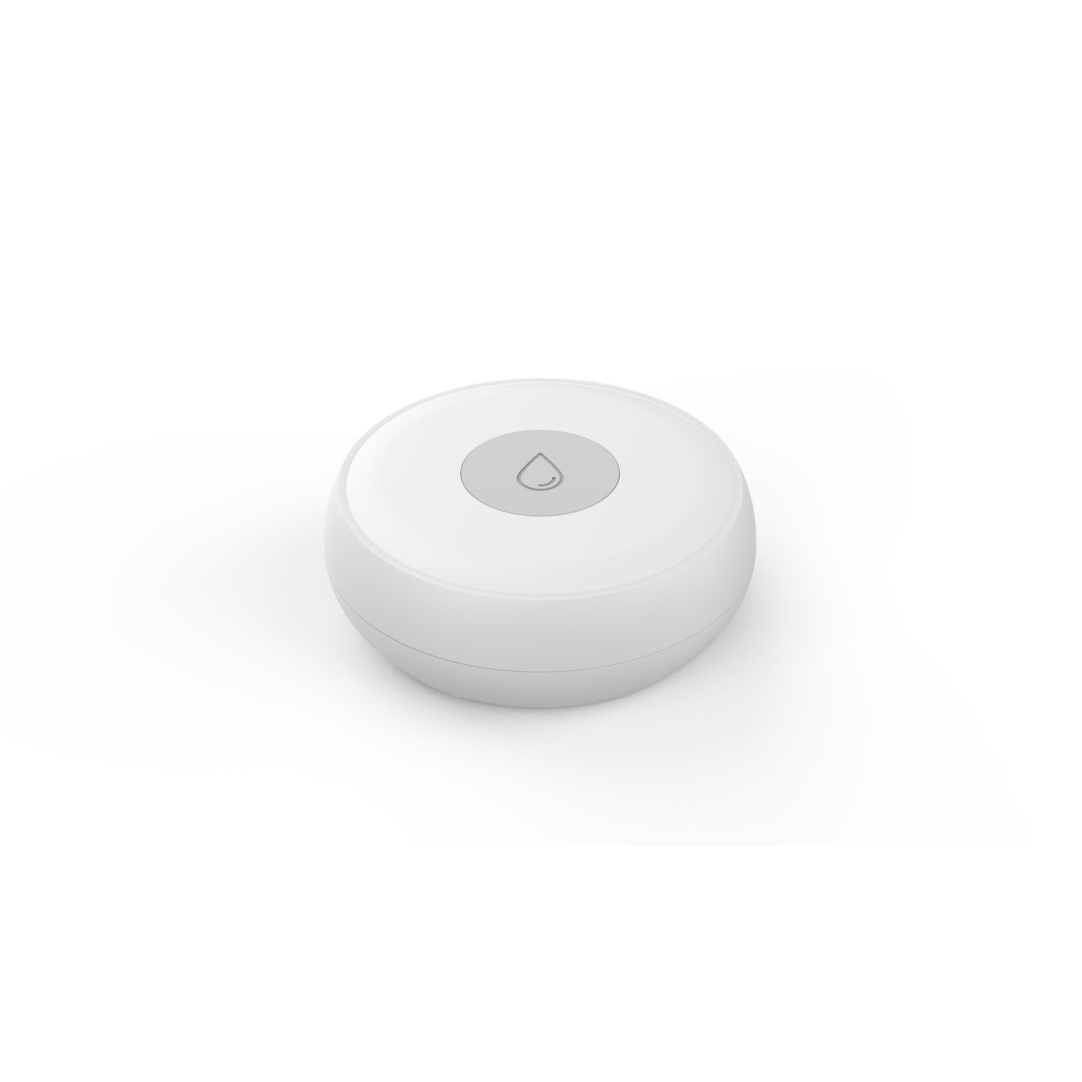 Ein weißer runder Sensor mit einem grauen Tropfensymbol auf weißem Hintergrund.