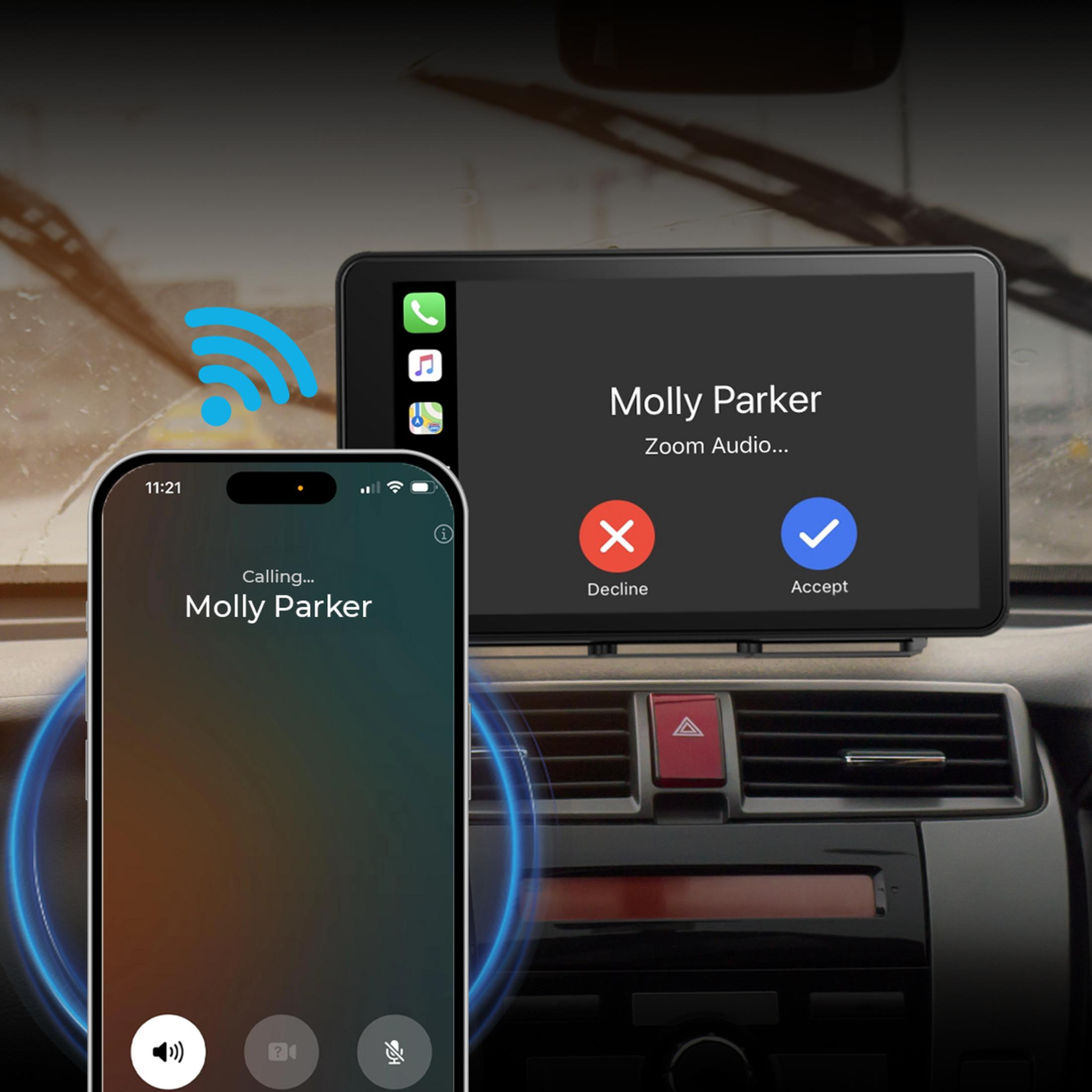 Un smartphone muestra una llamada de Molly Parker mientras el sistema de infoentretenimiento de un coche también muestra una llamada.