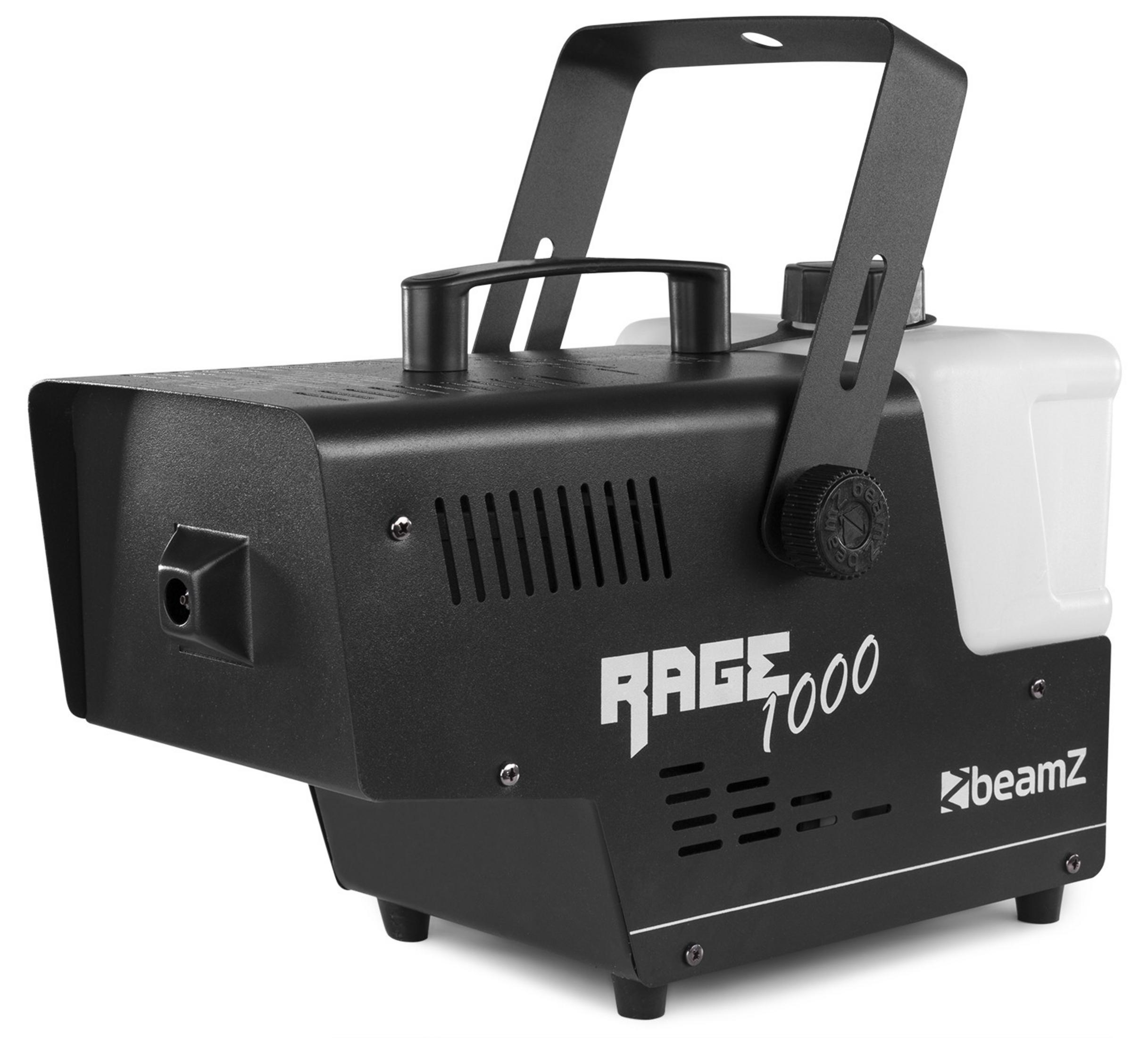 Máquina de humo negra con tanque blanco y asa plateada.