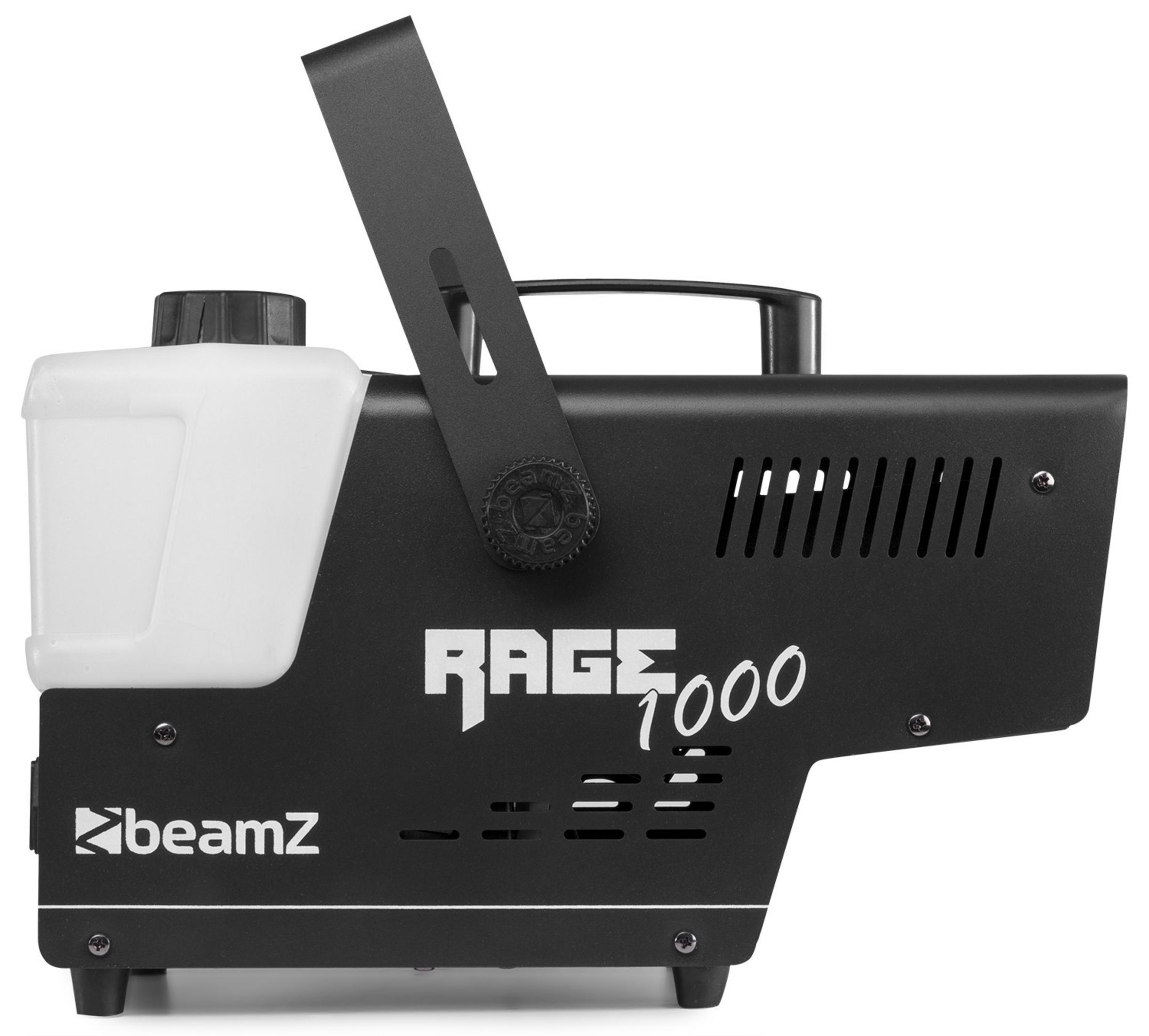 Máquina de humo negra con tanque blanco y logo "RAGE 1000".