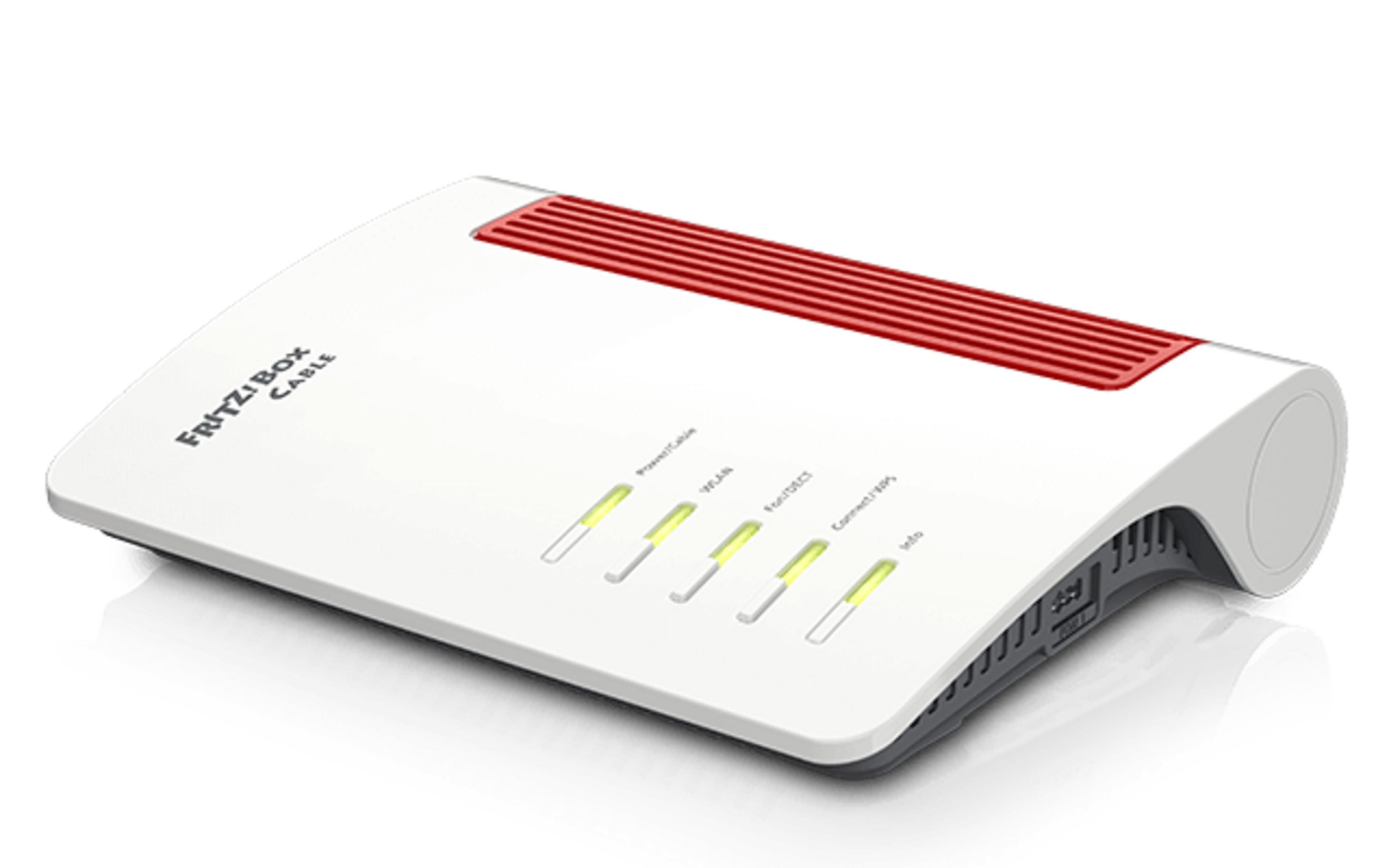Een witte router met rood rooster en verlichte LED-indicatoren.