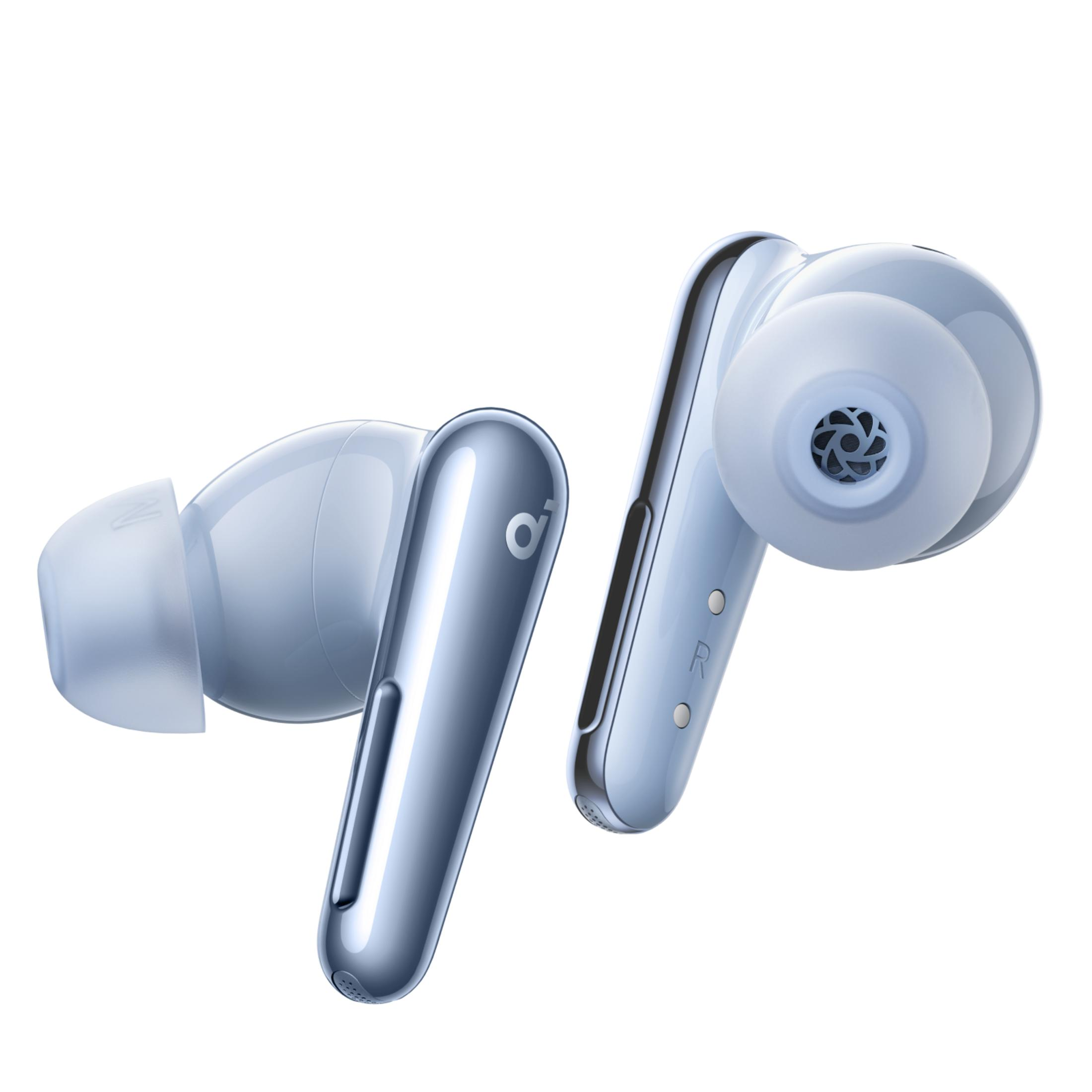 Due auricolari wireless azzurri con accenti argentati, su sfondo bianco.