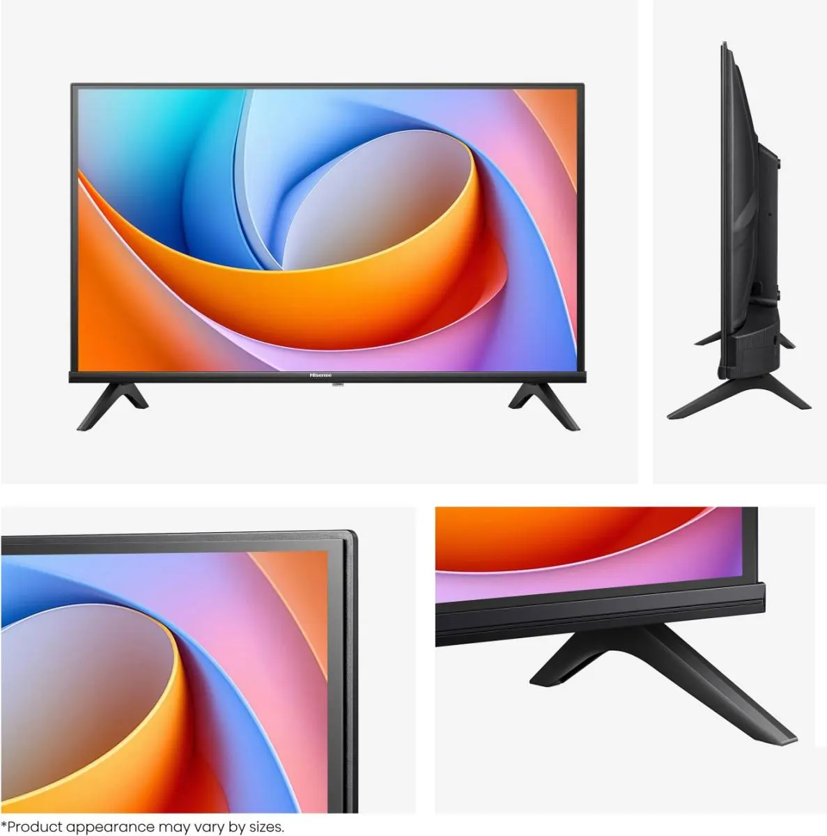 Un televisore Hisense nero che visualizza uno sfondo astratto colorato.
