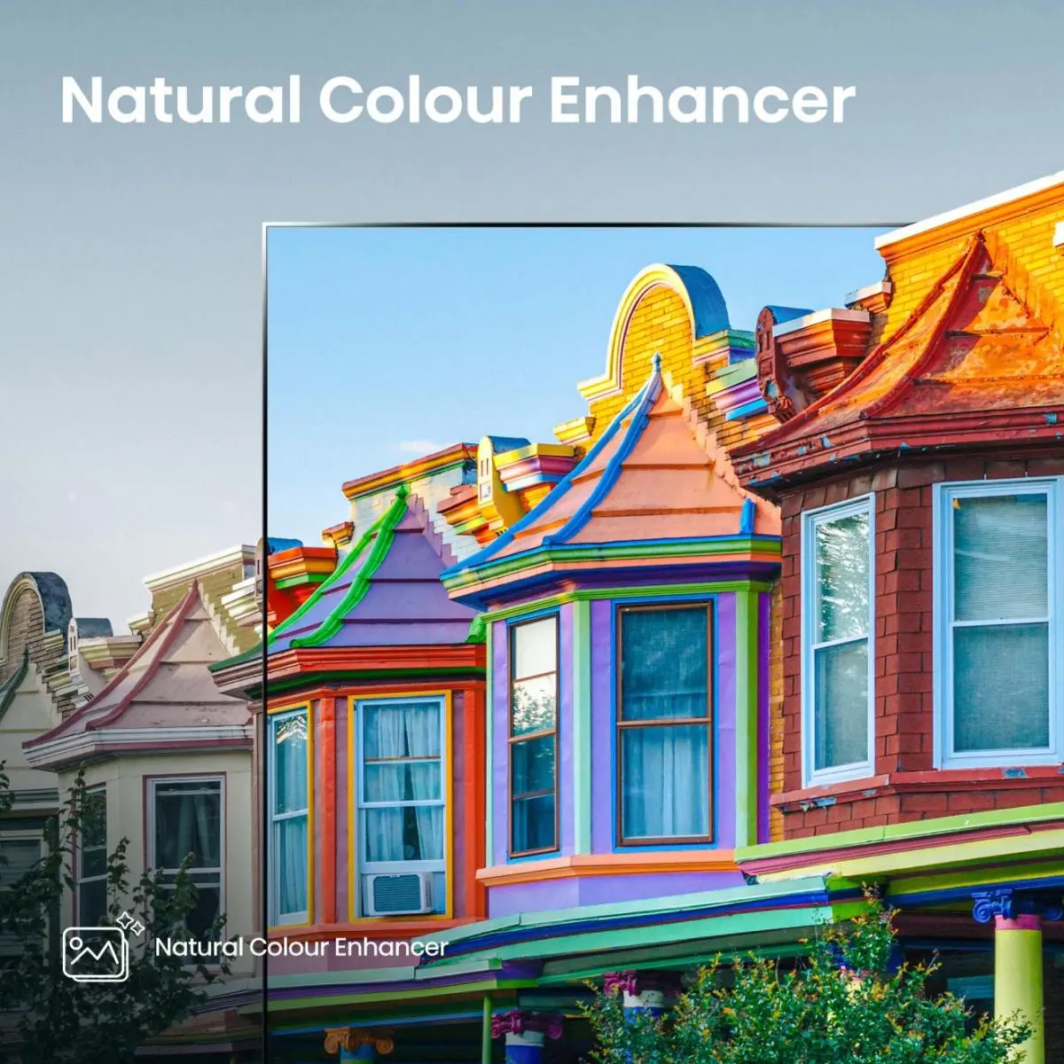 Case colorate con bow window e facciate vivaci sotto un cielo blu.