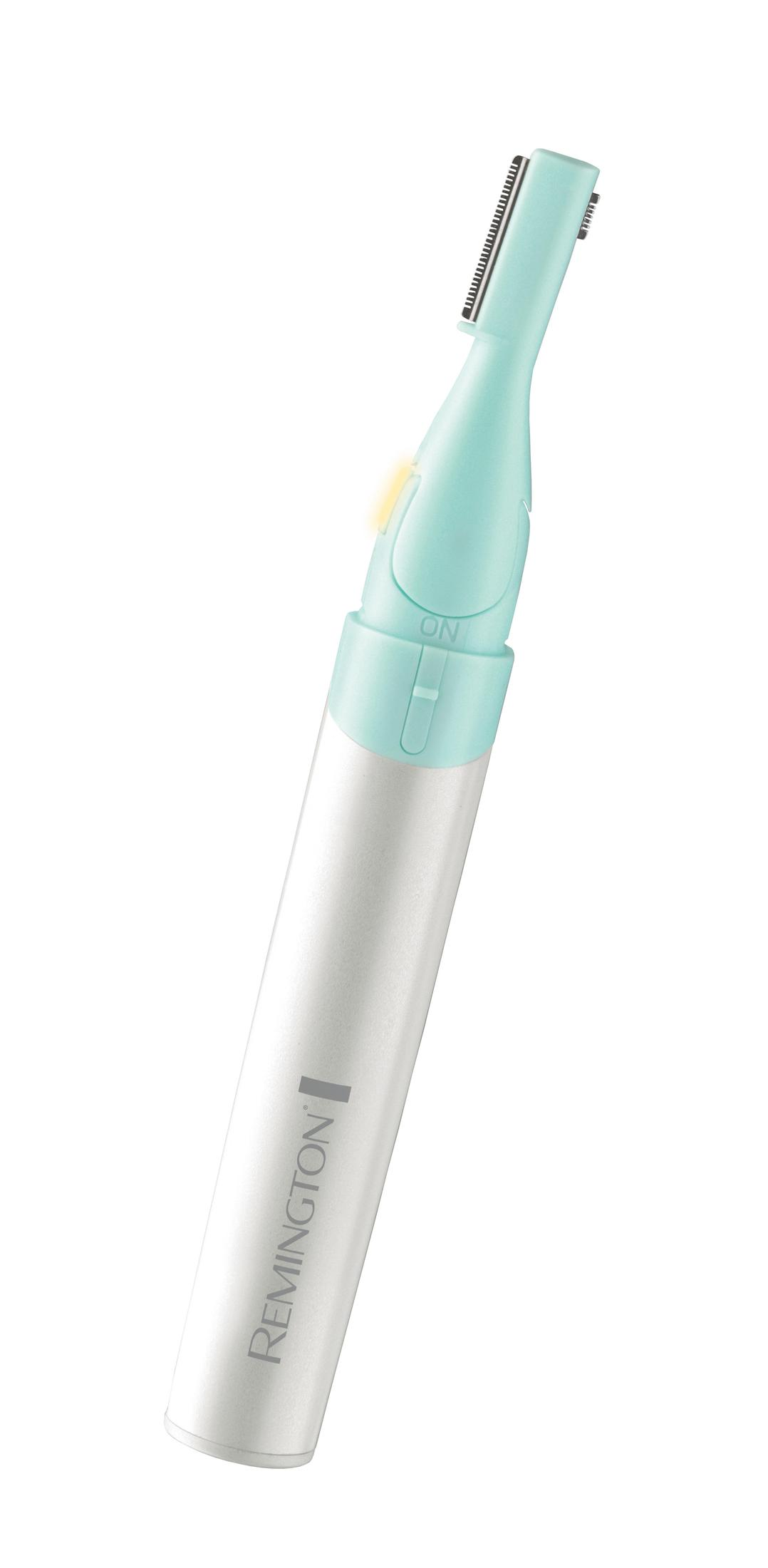 Turkuaz başlıklı ve aydınlatmalı açma düğmeli beyaz Remington düzeltici.