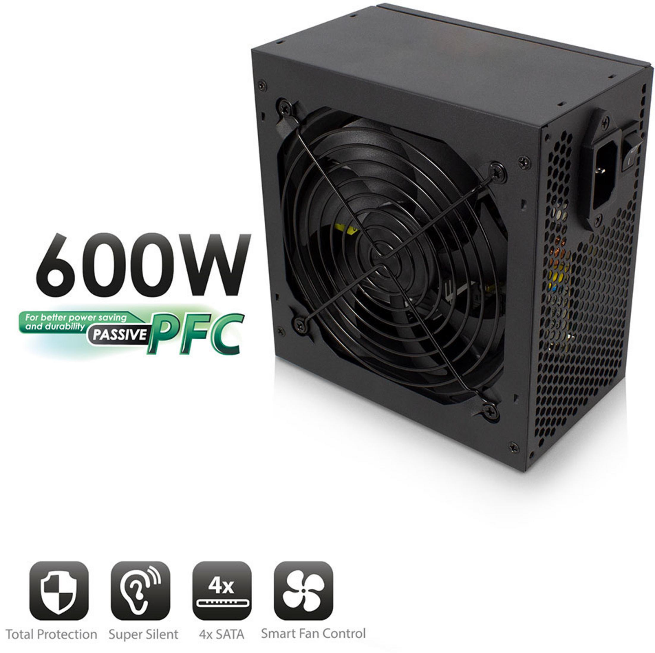 Schwarzes 600W Netzteil mit Lüfter und Passive PFC Technologie. Icons für Schutz, Lautlosigkeit, SATA.