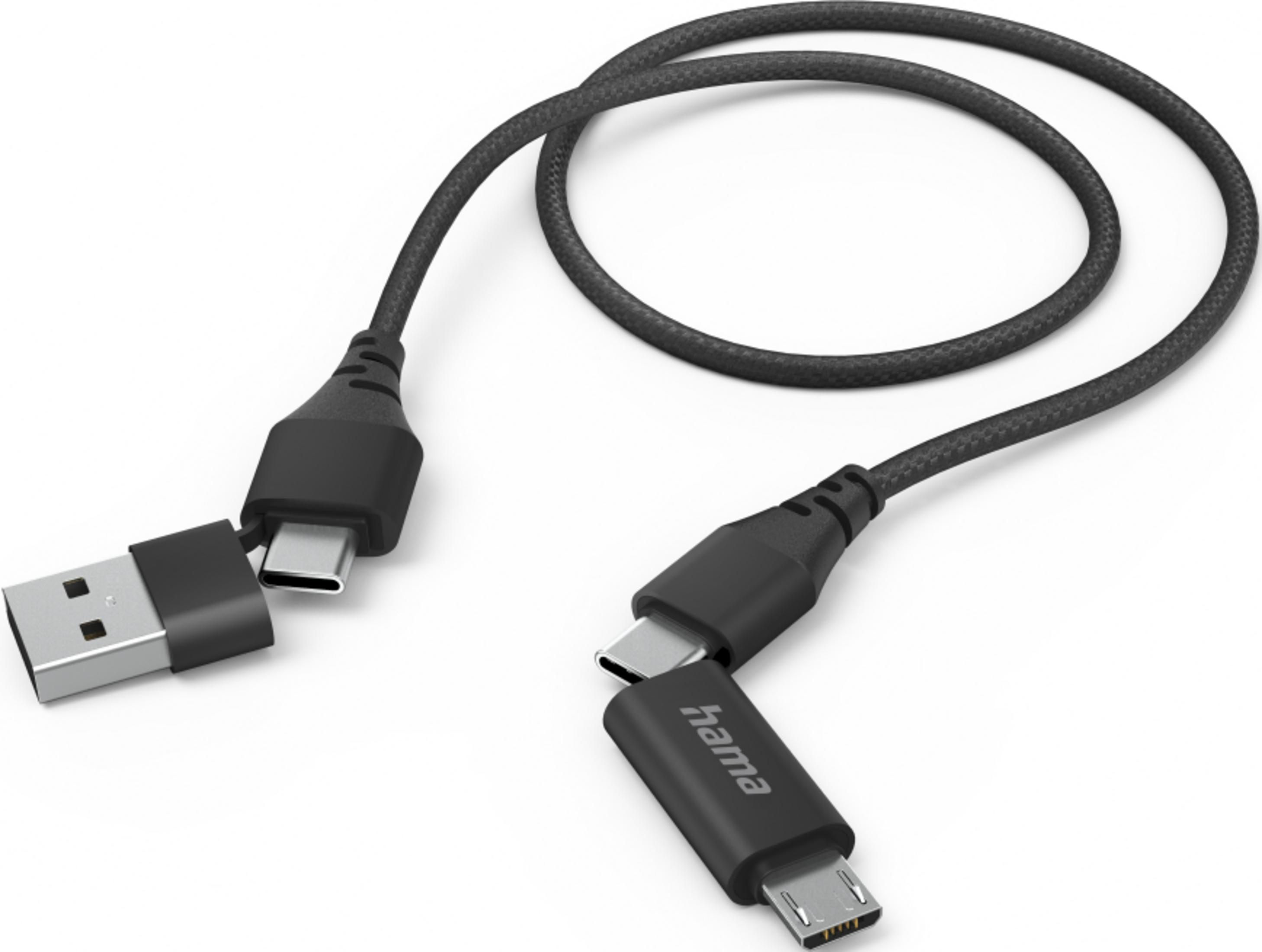 Schwarzes USB-C-Kabel mit USB-A-Stecker und zwei USB-C-Anschlüssen.
