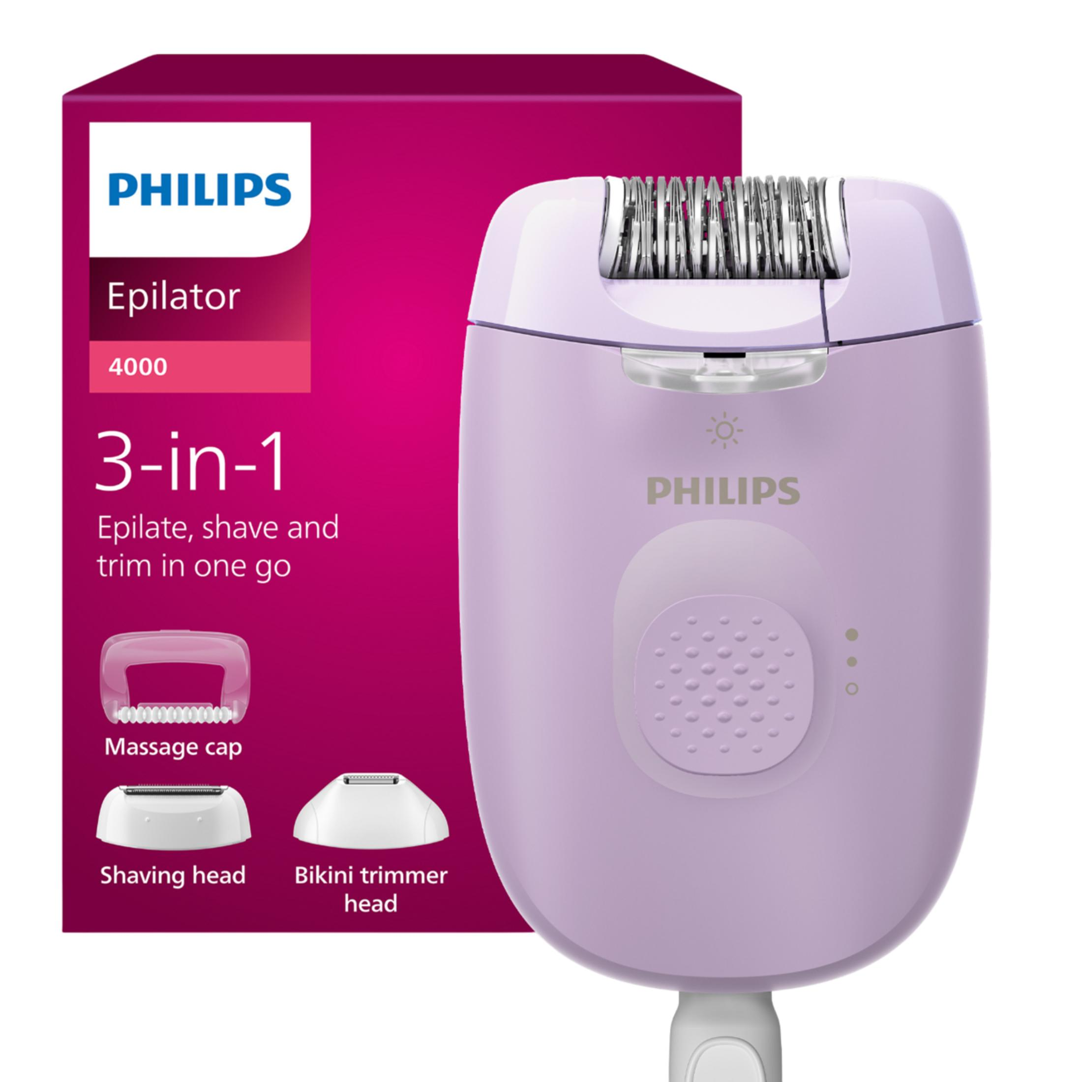 Philips 3-in-1 Epilierer in Flieder mit Massageaufsatz, Scherkopf, Bikini-Trimmer.
