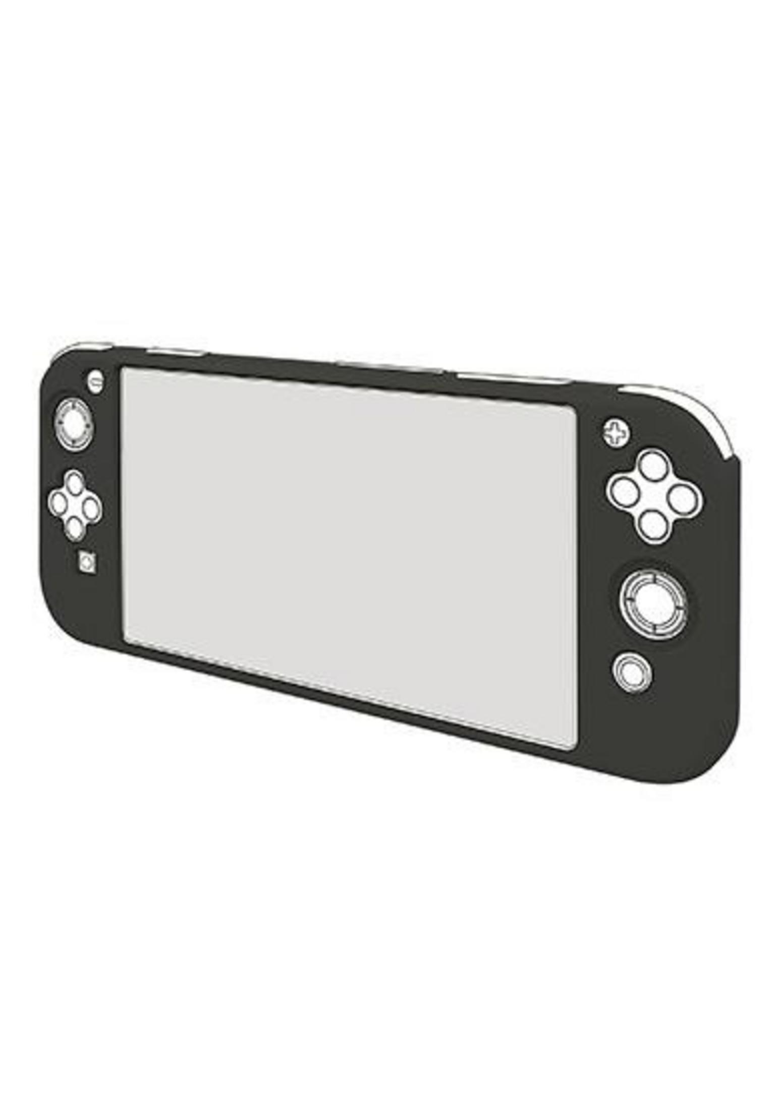 Schwarze Schutzhülle für ein Handheld-Spielgerät mit grauem Bildschirm und Bedienelementen.