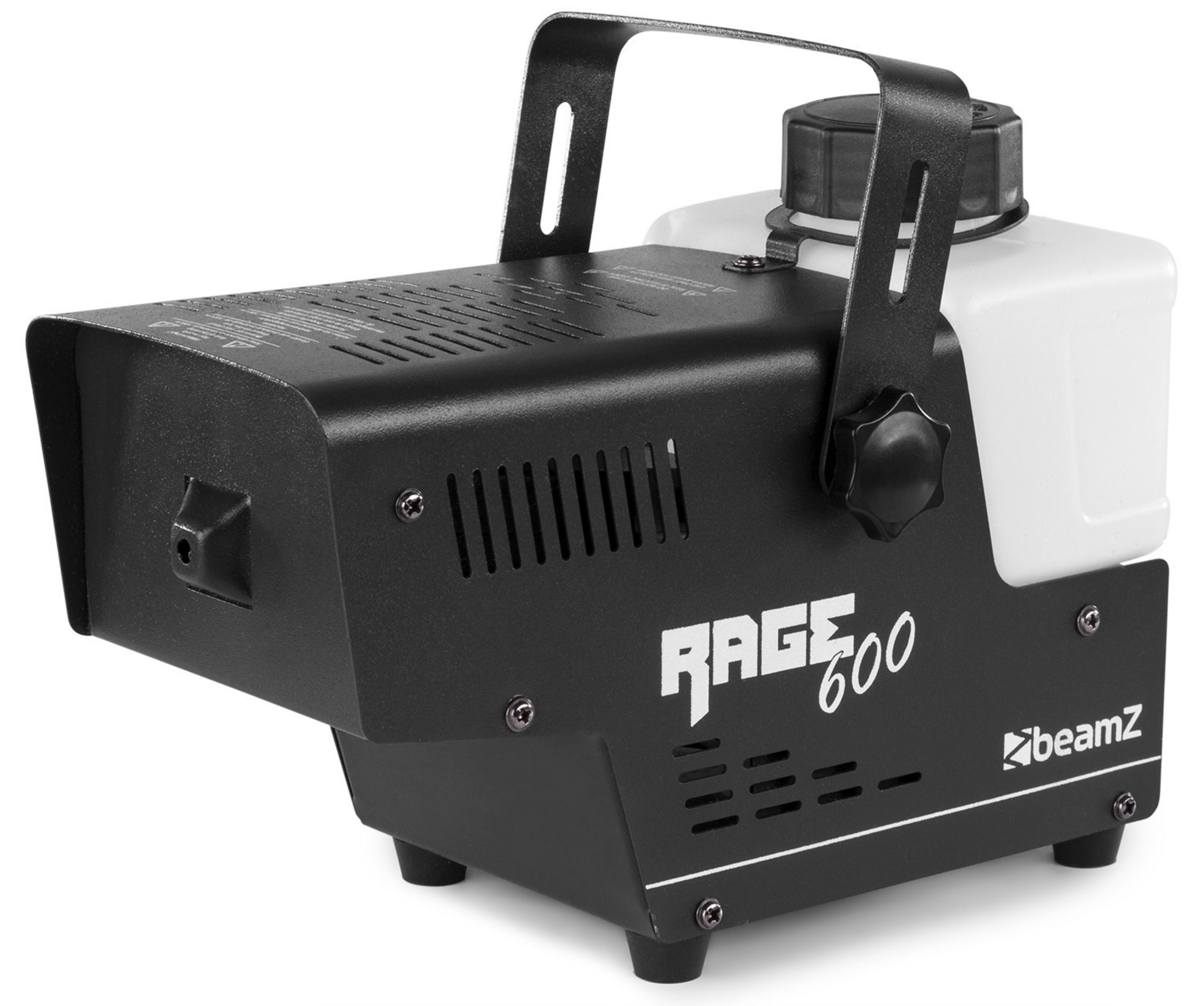 Una máquina de humo BeamZ Rage 600 negra con tanque de fluido blanco y asa metálica.