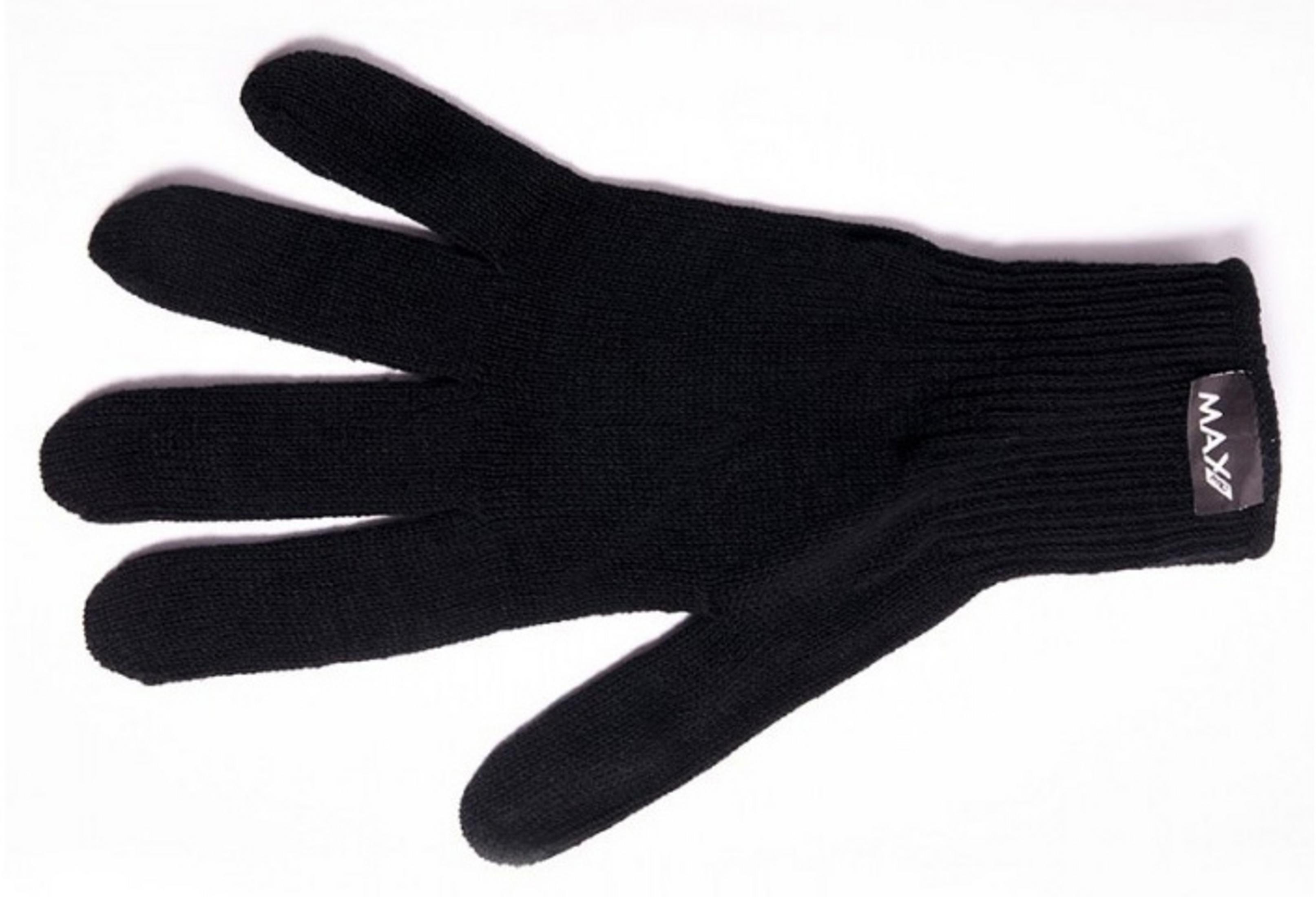 Een zwarte gebreide handschoen met vijf vingers wordt getoond tegen een witte achtergrond, met een klein zwart label bij de manchet.