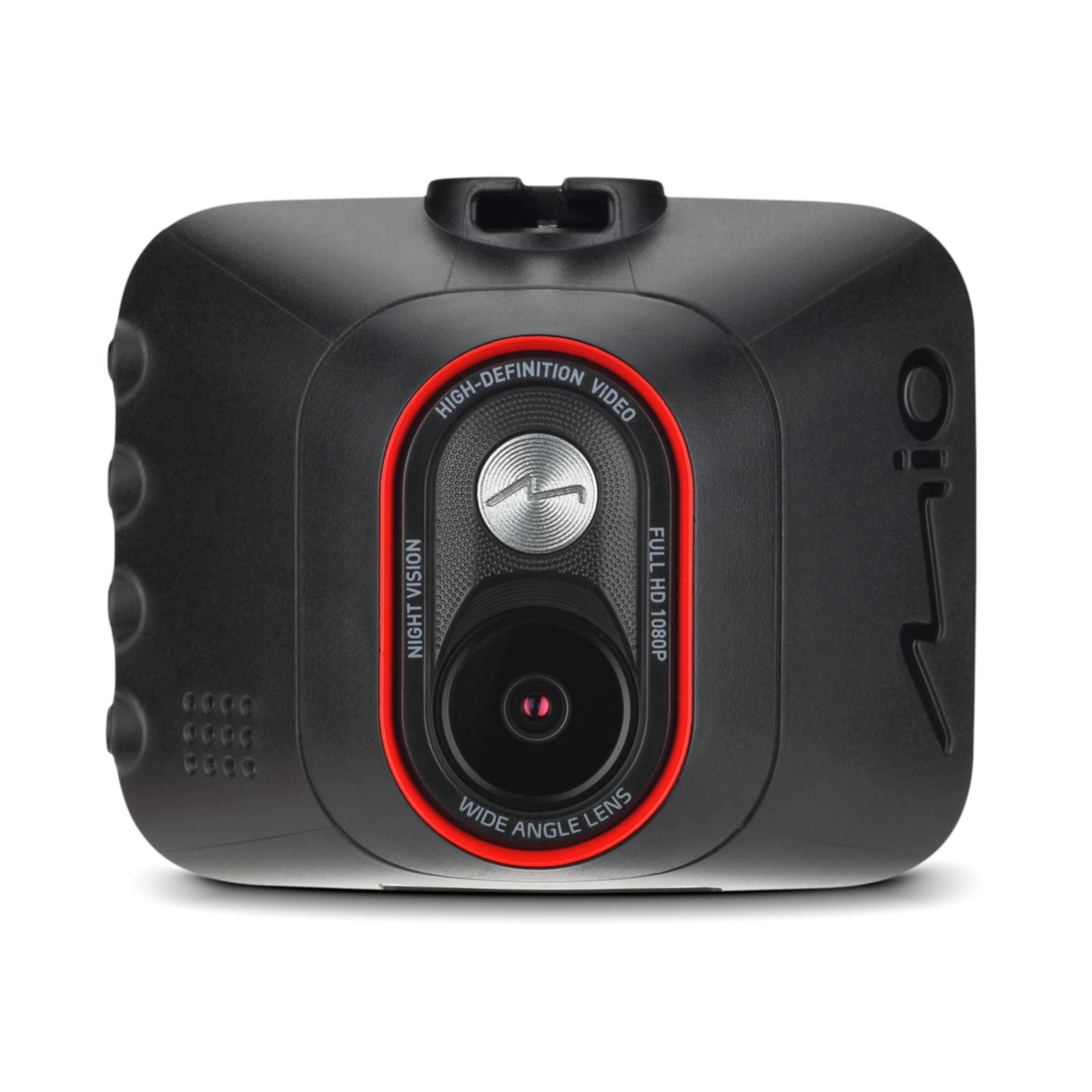 Eine schwarze Dashcam mit rotem Ring um die Linse, Nachtsicht, Weitwinkel.
