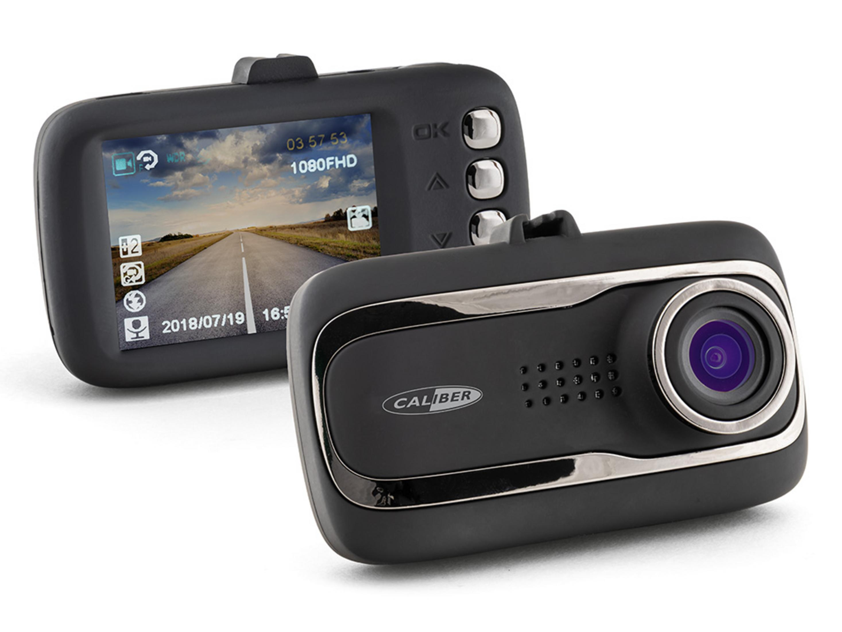 Zwei schwarze Dashcams auf weißem Hintergrund. Eine zeigt eine Straßenszene.