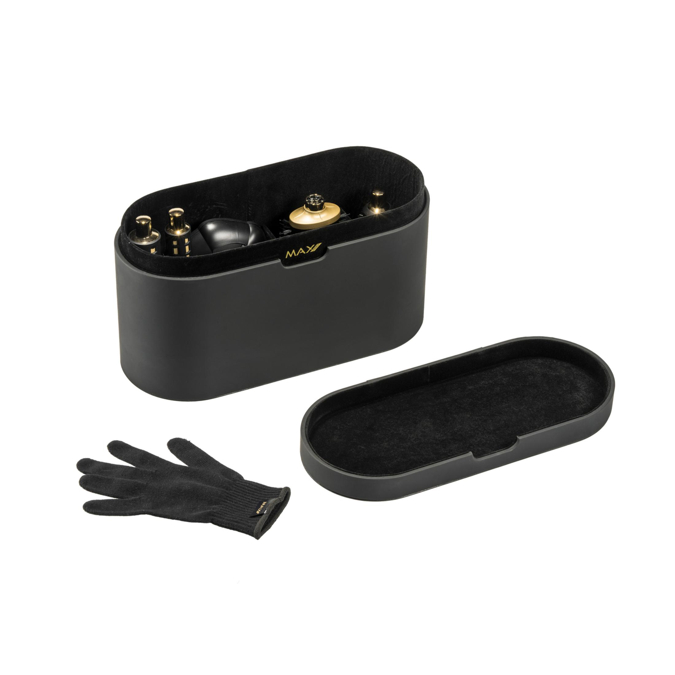 Schwarze Aufbewahrungsbox mit Deckel und Handschuh, gefüllt mit goldfarbenen Werkzeugen.
